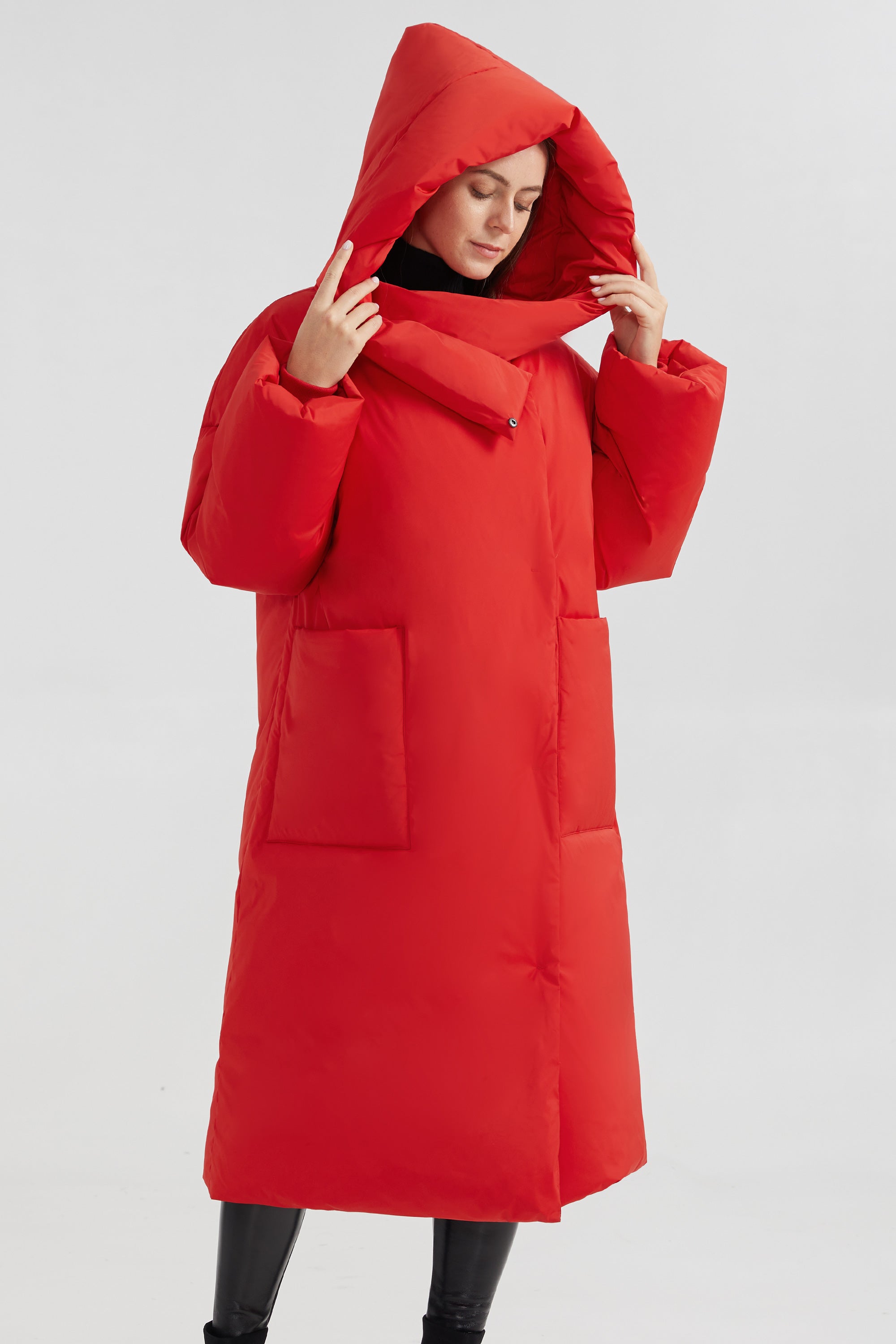 Orolay-Oversized Long Puffer Down Coat with Hood-#color_Fiery Red