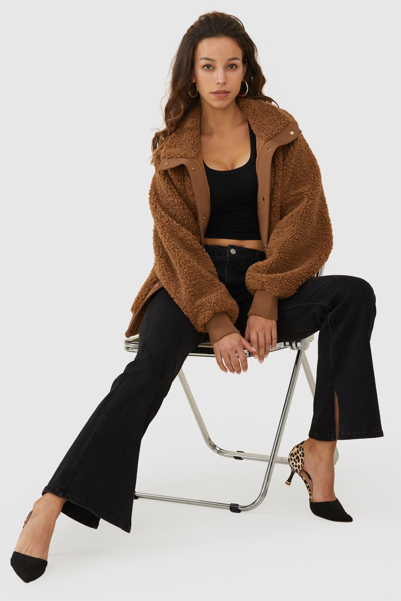 Orolay-Oversized Snap Button Sherpa Coat-Oversized Snap Button Sherpa Coat - Orolay, #color_Nuthatch