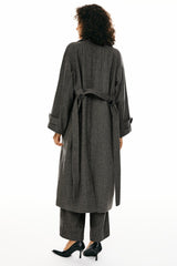 Oversized Wool Wrap Coat Orolay- #color_Black stripes