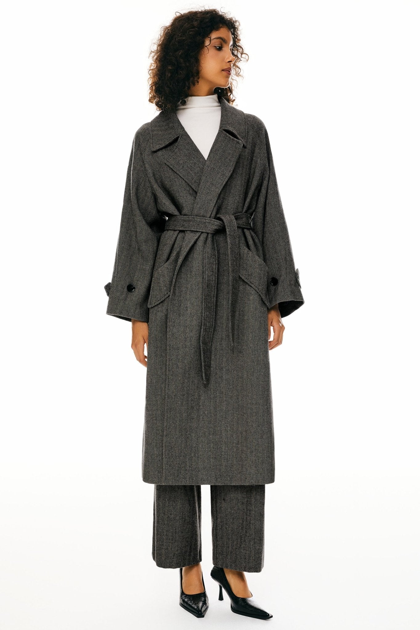 Oversized Wool Wrap Coat Orolay- #color_Black stripes