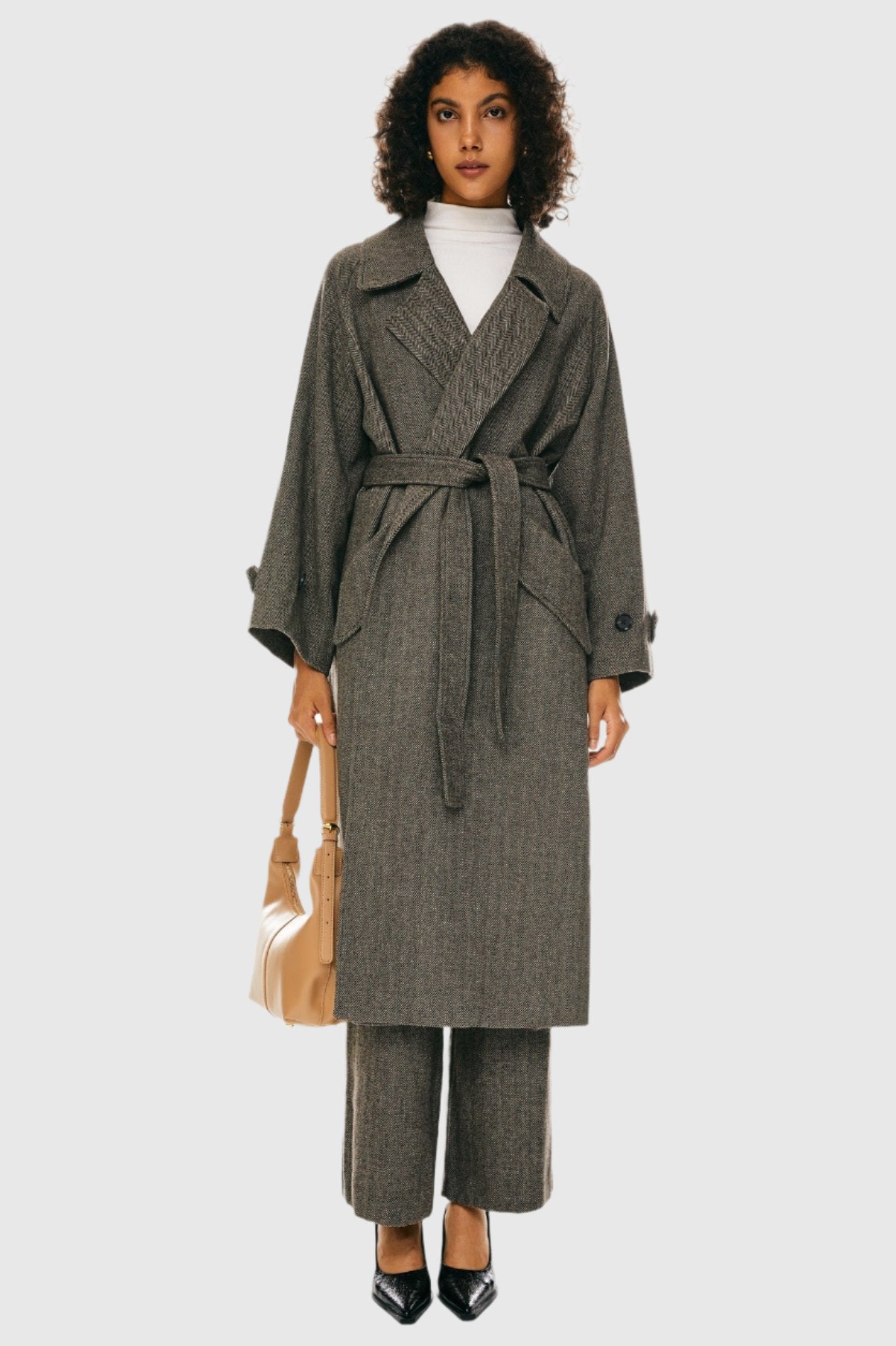 Oversized Wool Wrap Coat Orolay- #color_Brown stripes