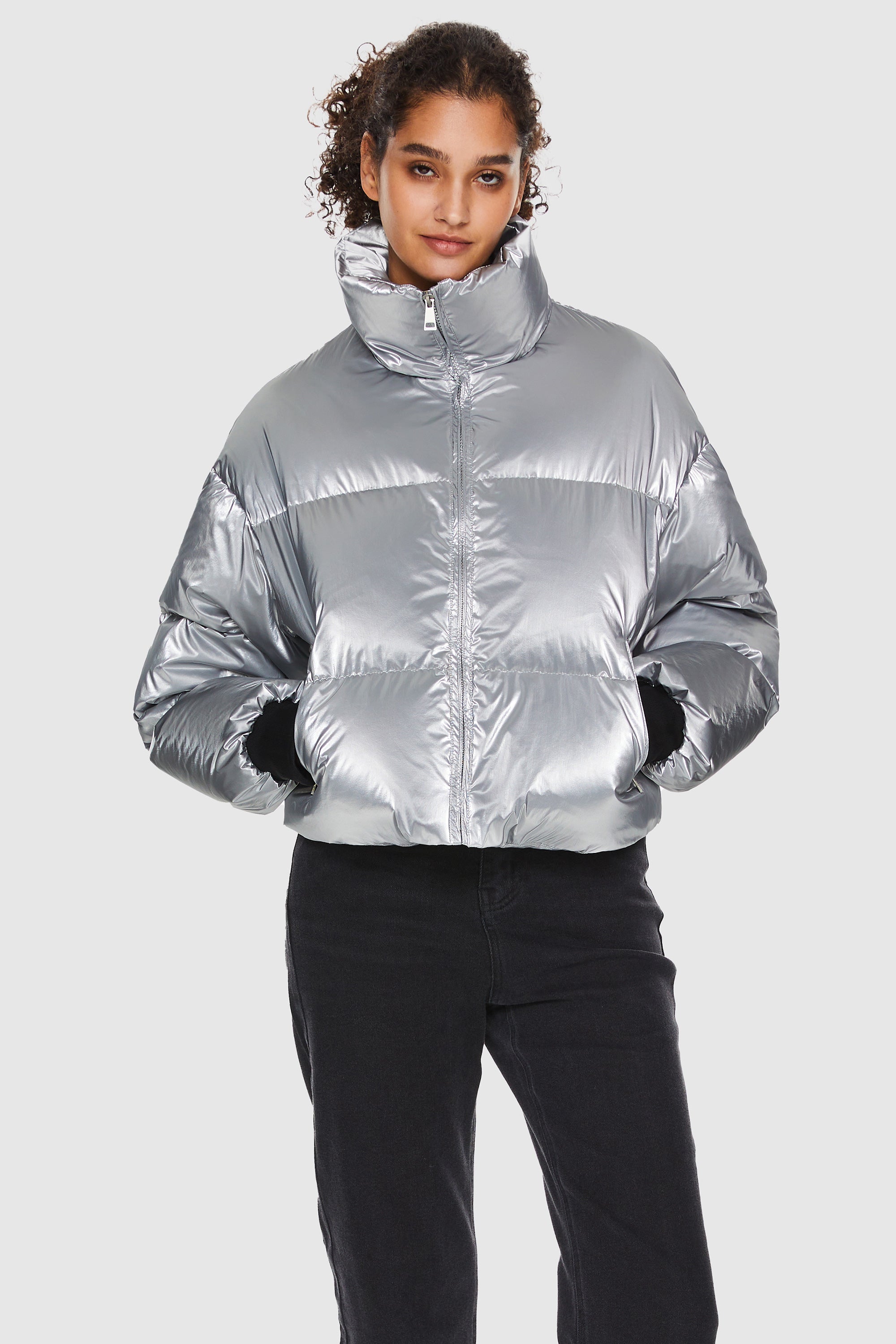 Orolay-Puff-O Cosmos Chrome Cropped Puffer-#color_Metallic Silver