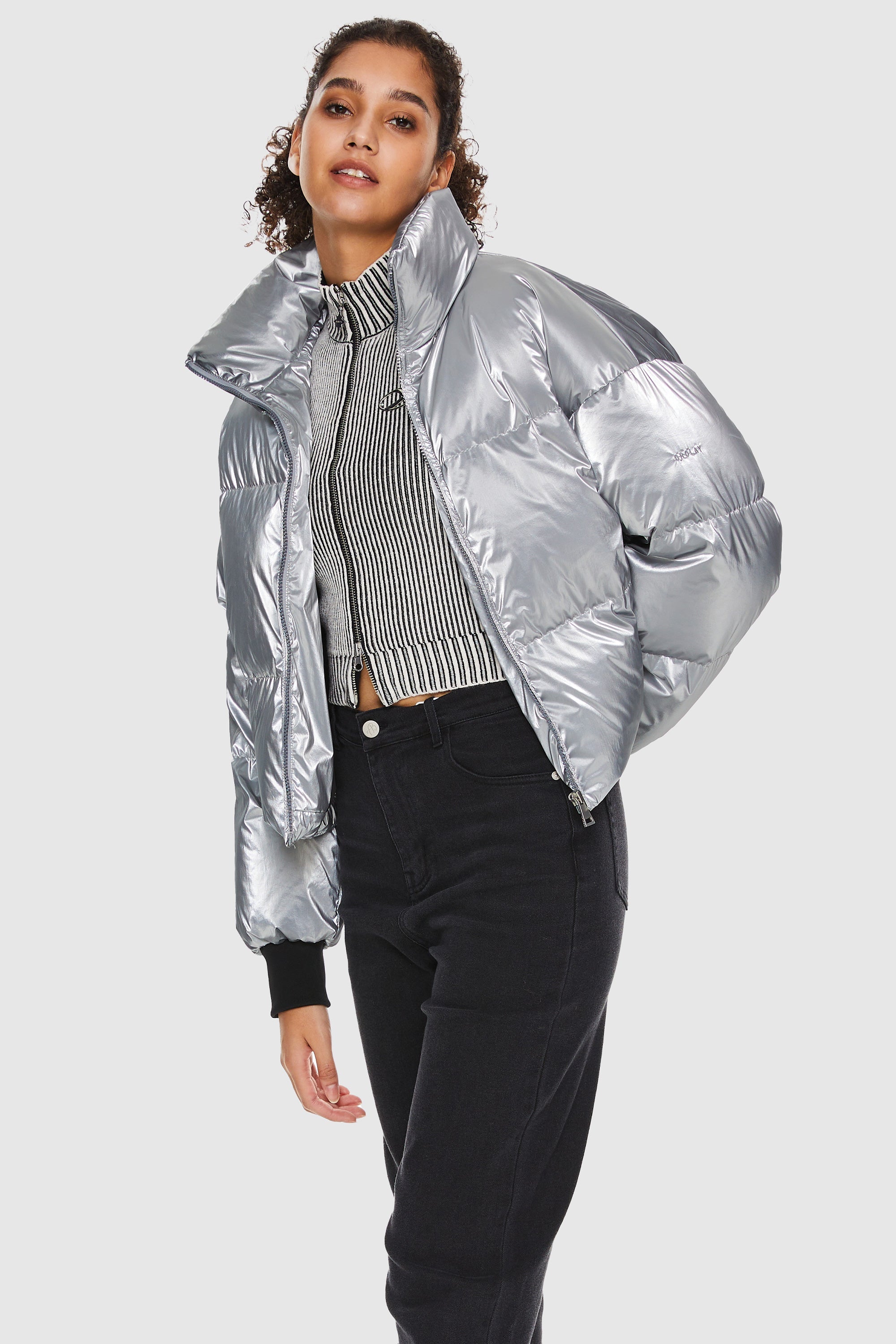 Orolay-Puff-O Cosmos Chrome Cropped Puffer-#color_Metallic Silver