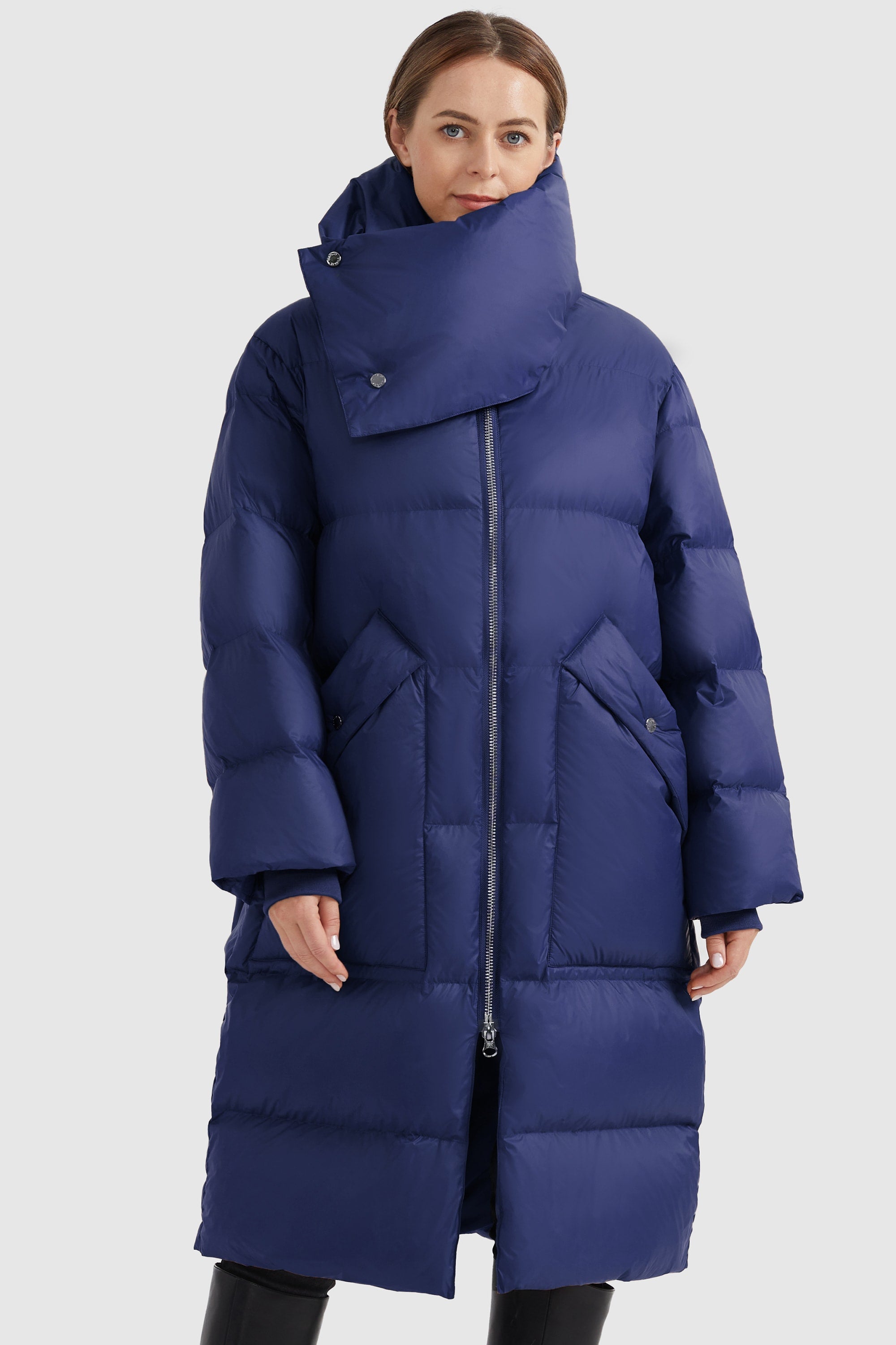 Orolay-Puffer Long Stylish Winter Jacket with Warm Thickened Collar-#color_Bluing