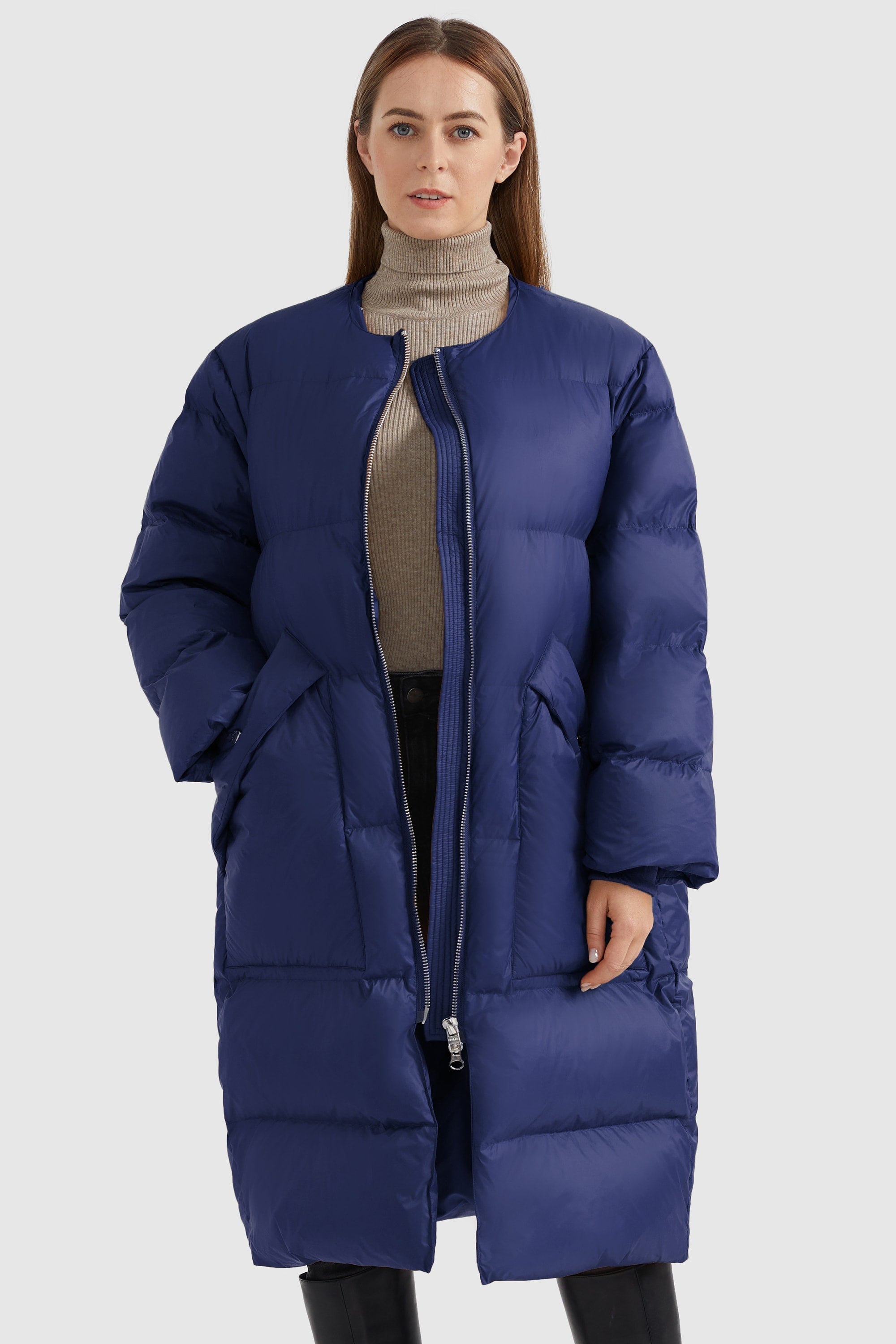 Orolay-Puffer Long Stylish Winter Jacket with Warm Thickened Collar-#color_Bluing