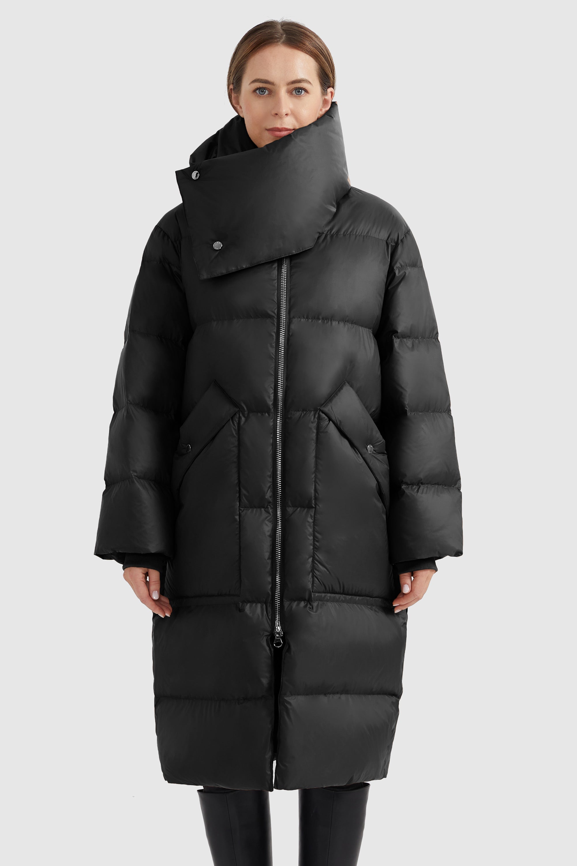 Orolay-Puffer Long Stylish Winter Jacket with Warm Thickened Collar-#color_Black