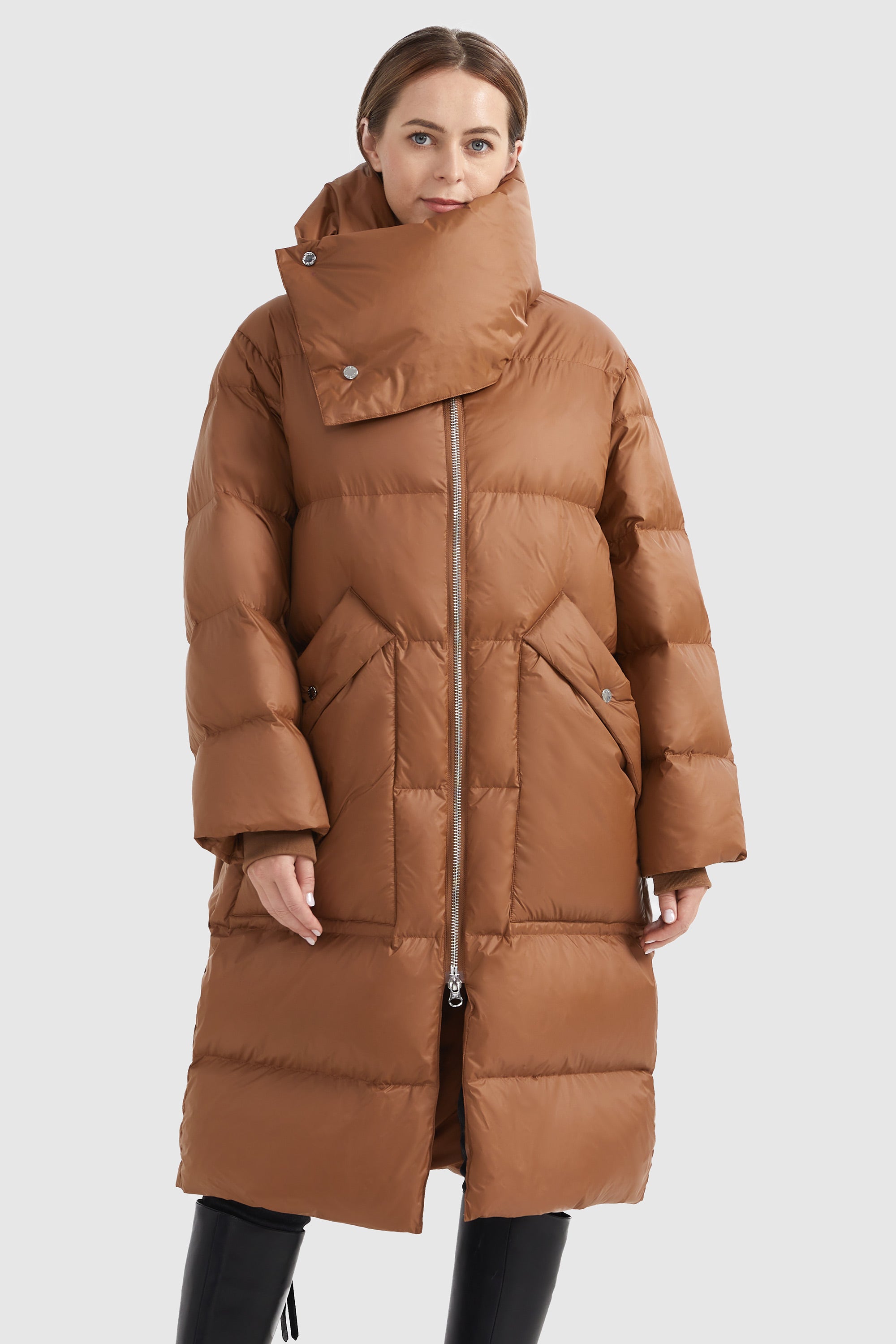 Orolay-Puffer Long Stylish Winter Jacket with Warm Thickened Collar-#color_Bombay Brown