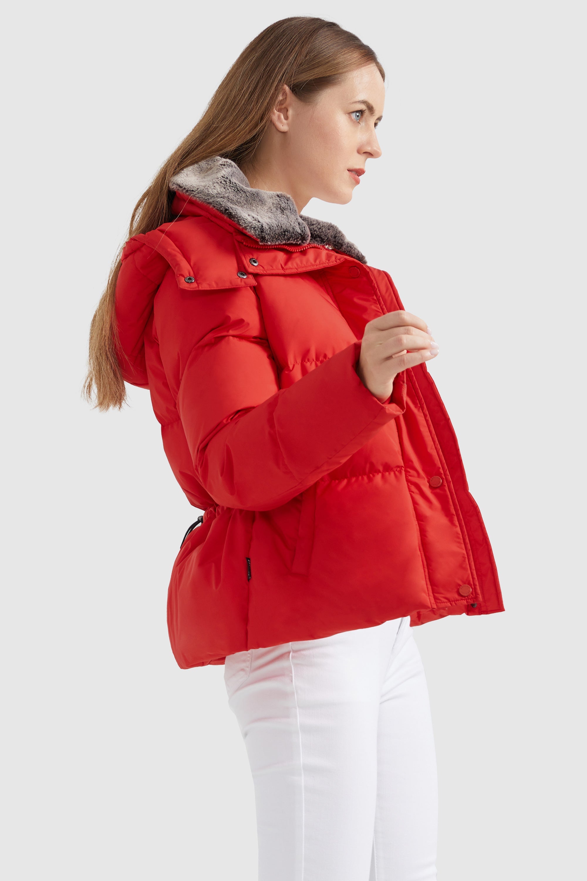 Orolay-Removable Faux Fur Collar Puffer Down Jacket-#color_Cherry Tomato