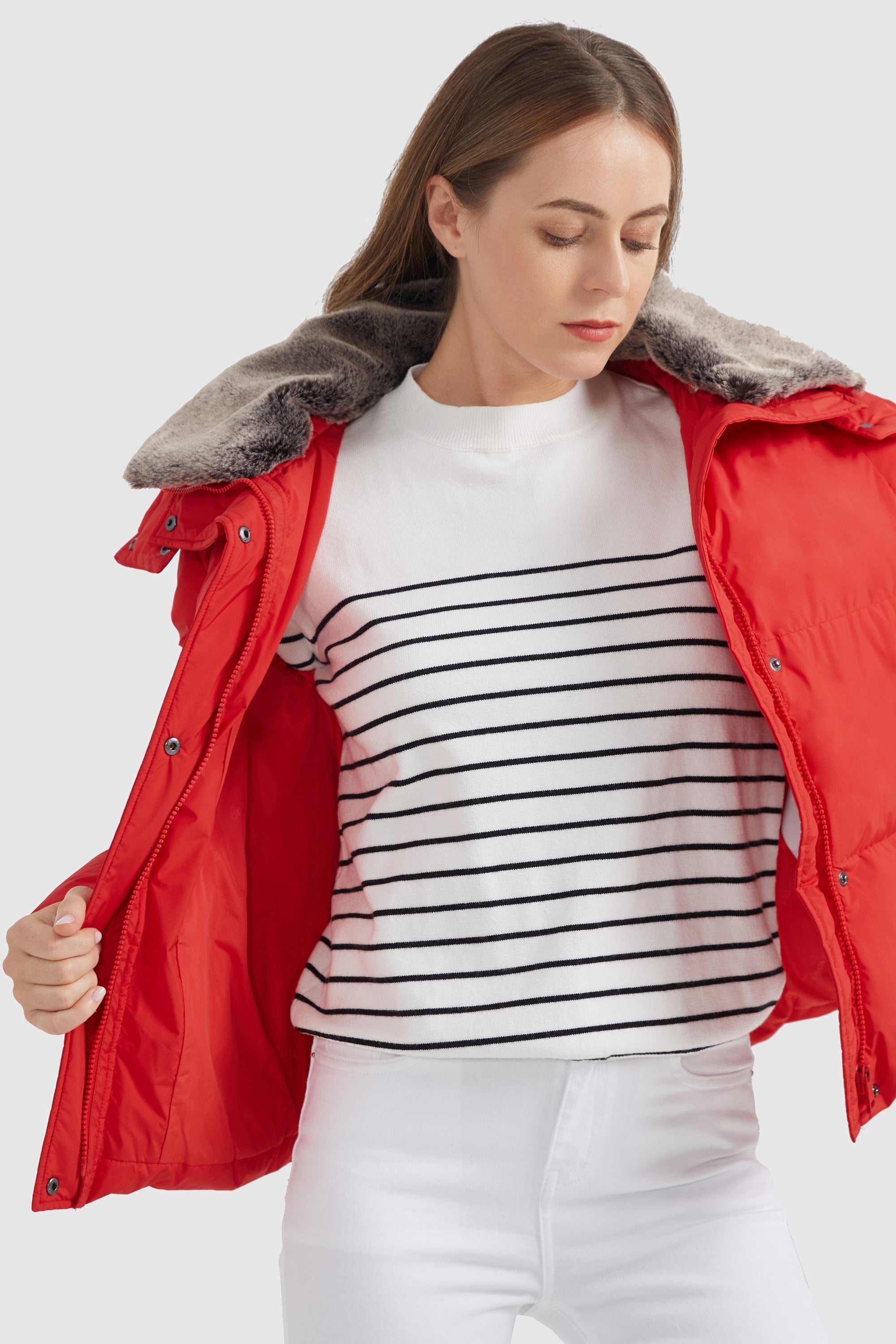 Orolay-Removable Faux Fur Collar Puffer Down Jacket-#color_Cherry Tomato