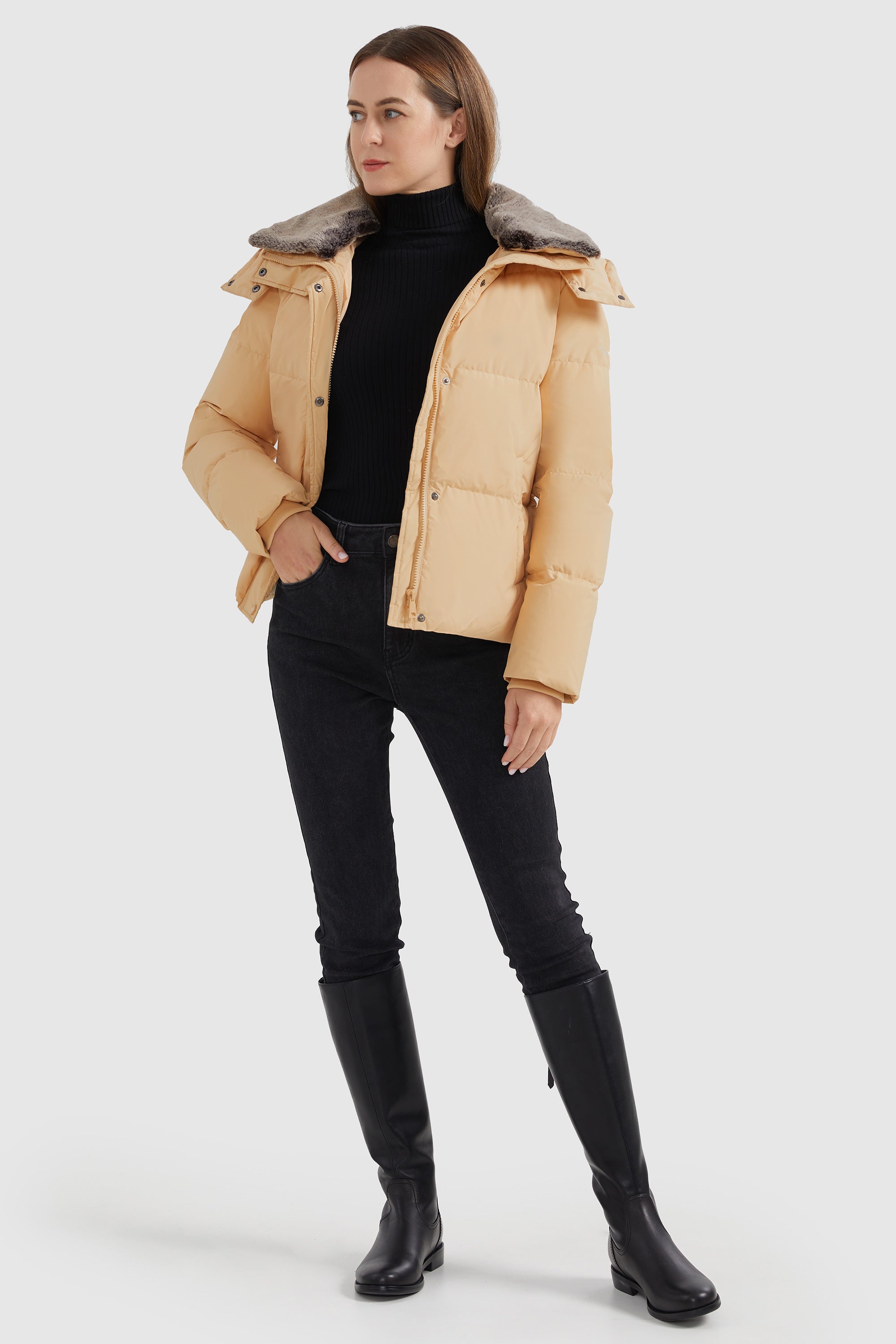 Orolay-Removable Faux Fur Collar Puffer Down Jacket-#color_Dawn