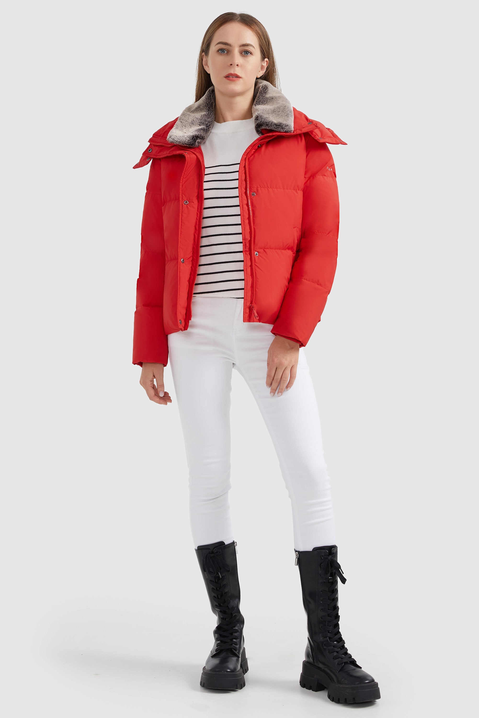 Orolay-Removable Faux Fur Collar Puffer Down Jacket-#color_Cherry Tomato