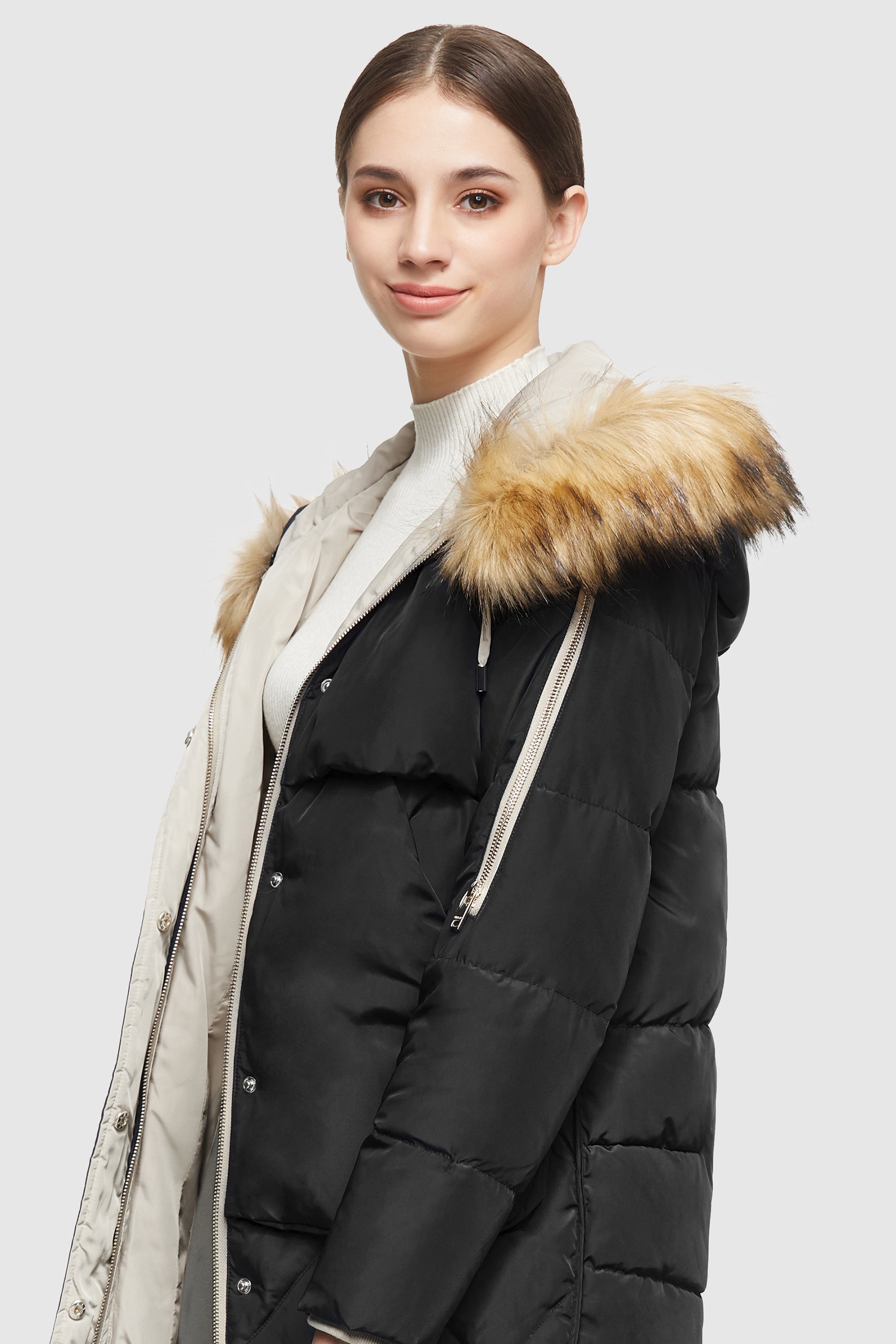 Orolay-Removable Fur Large Pockets Down Jacket-#color_Black