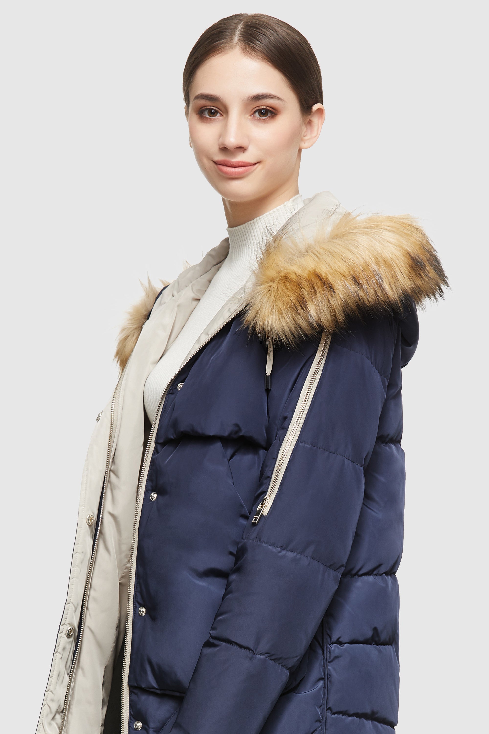 Orolay-Removable Fur Large Pockets Down Jacket-#color_Blueprint