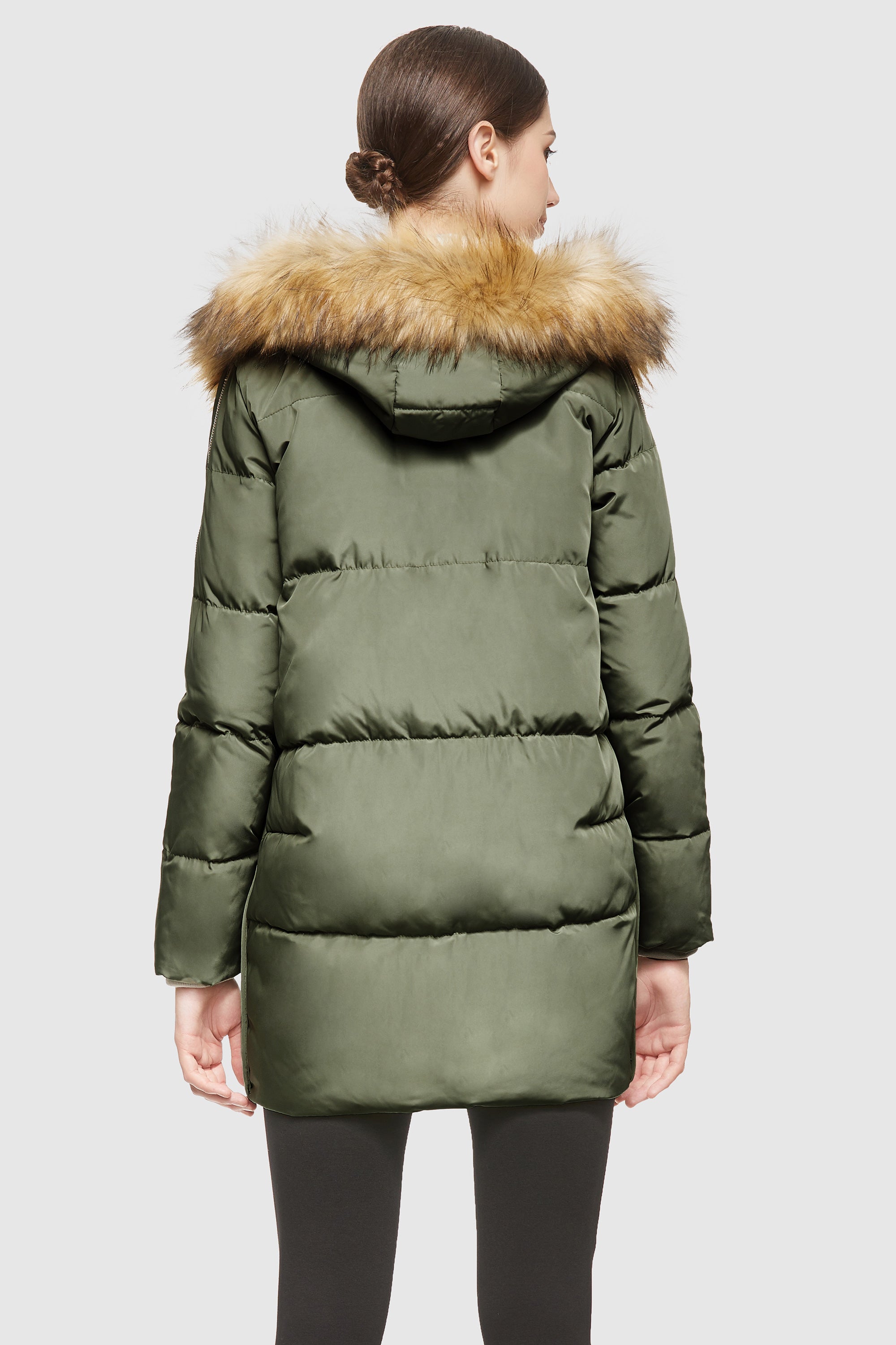 Orolay-Removable Fur Large Pockets Down Jacket-#color_Sage Green