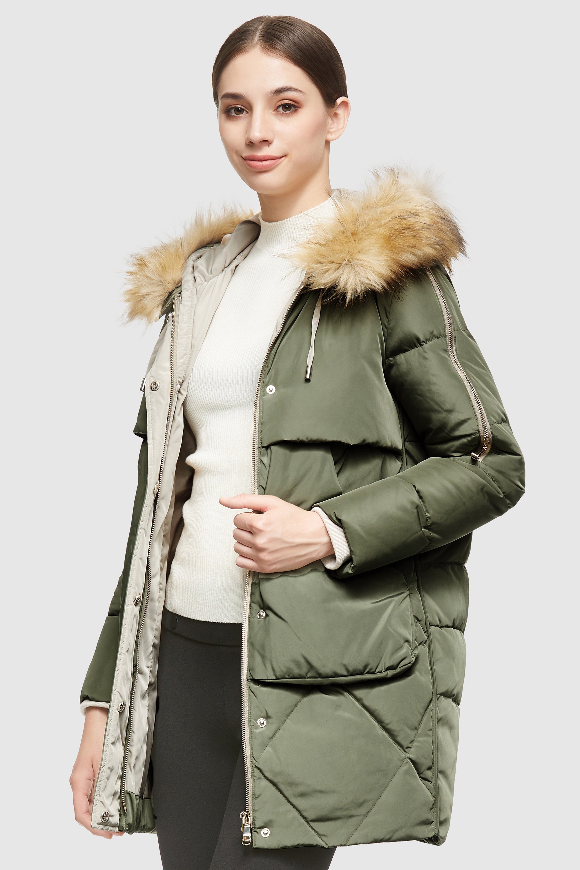 Orolay-Removable Fur Large Pockets Down Jacket-#color_Sage Green