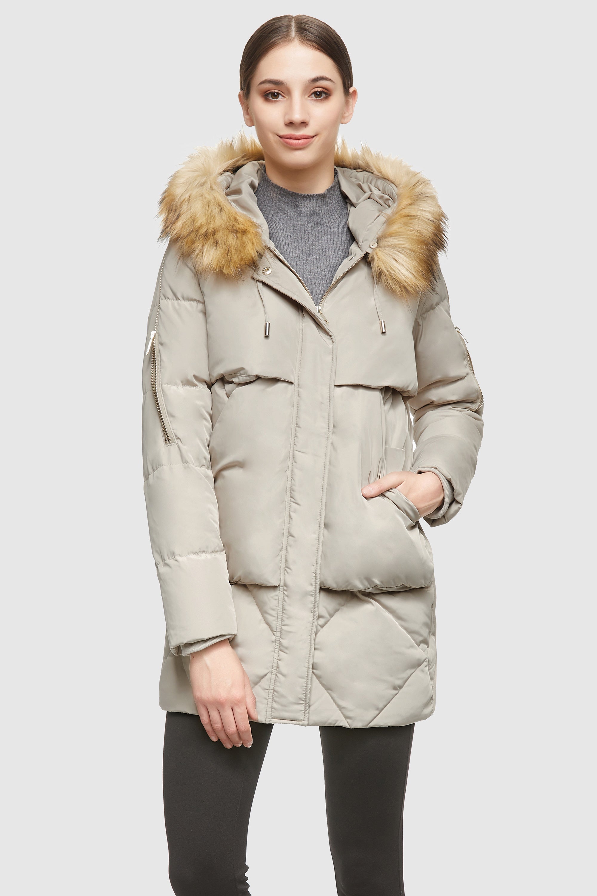 Orolay-Removable Fur Large Pockets Down Jacket-#color_Oat Milk