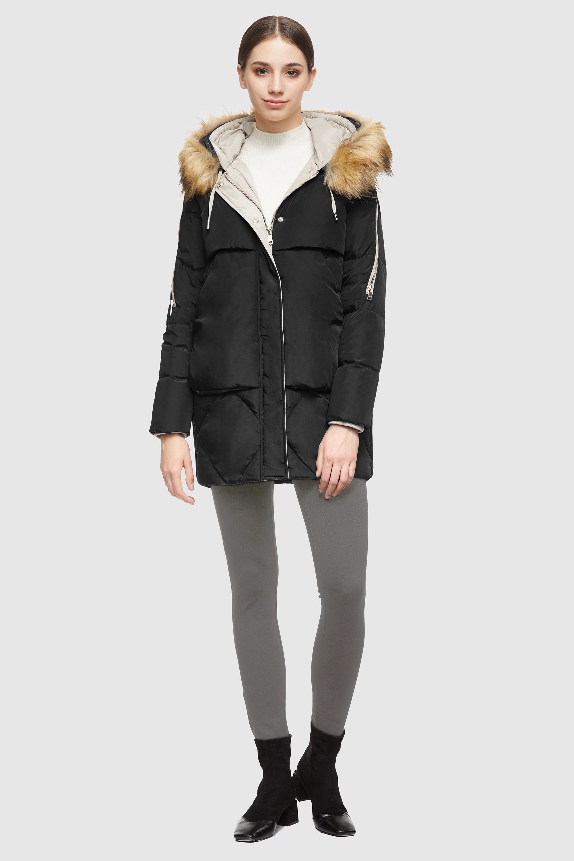 Orolay-Removable Fur Large Pockets Down Jacket-#color_Black