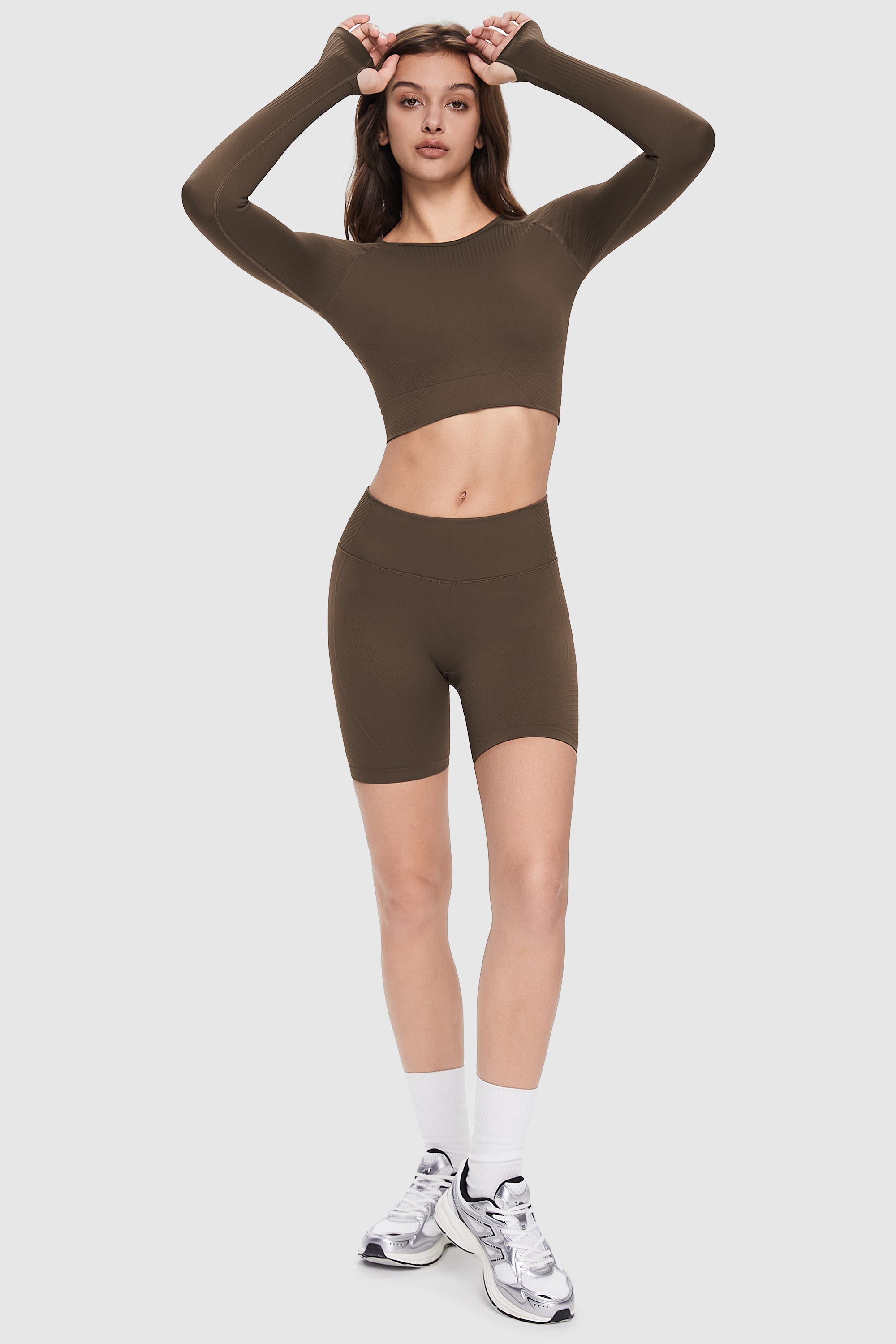 Orolay-Seamless Mid-waist Yoga Shorts-Image 1 of Seamless Crop Athletic Tops from Orolay - #color_Brown