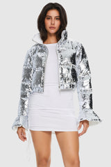 Orolay-Sequin Fashion Petite Jacket with Stand Collar-Image 2 of Sequin Fashion Petite Jacket with Stand Collar from Orolay - #color_Silver