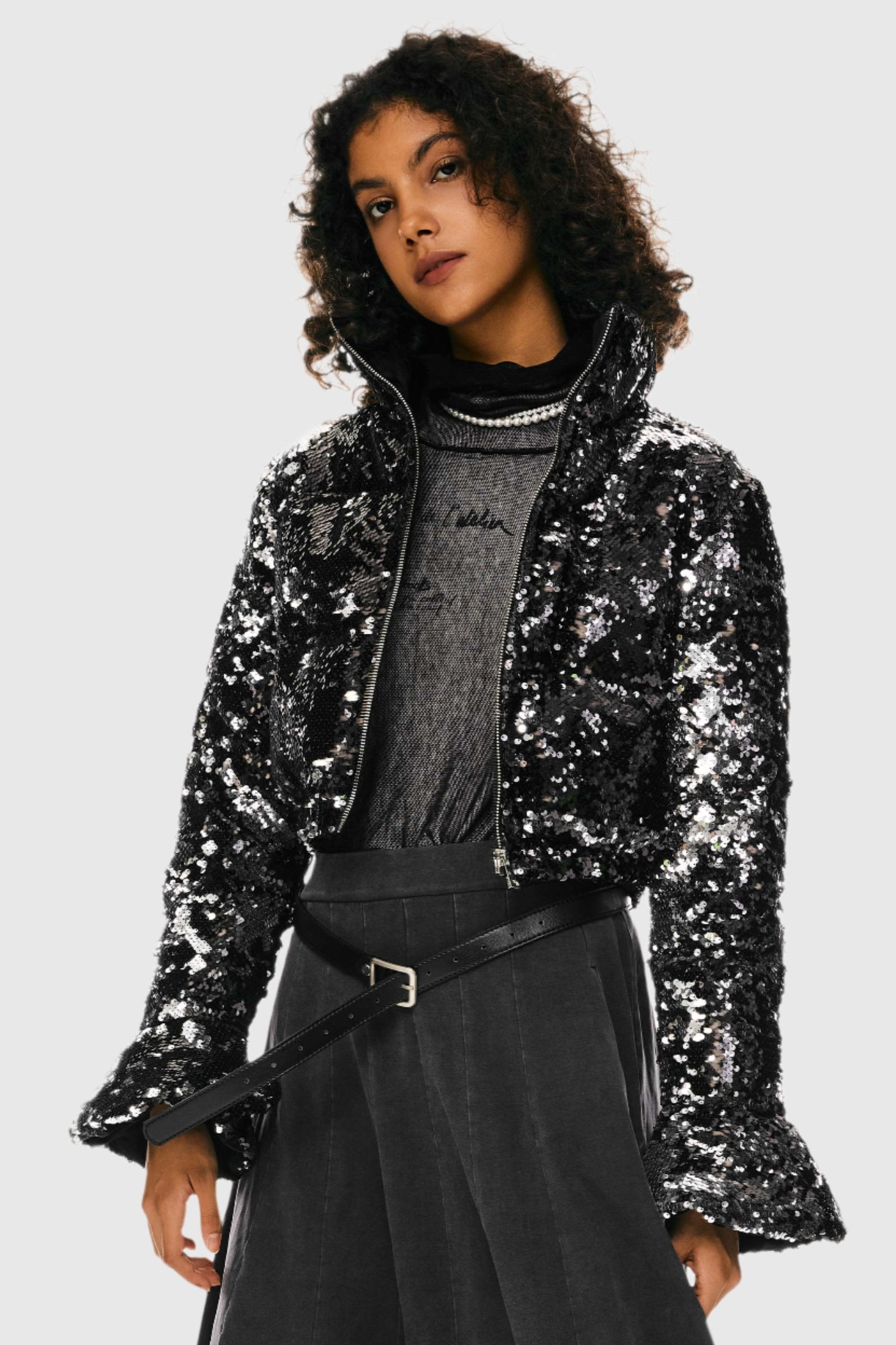 Orolay-Sequin Fashion Petite Jacket with Stand Collar-Image 2 of Sequin Fashion Petite Jacket with Stand Collar from Orolay - #color_Black crystal