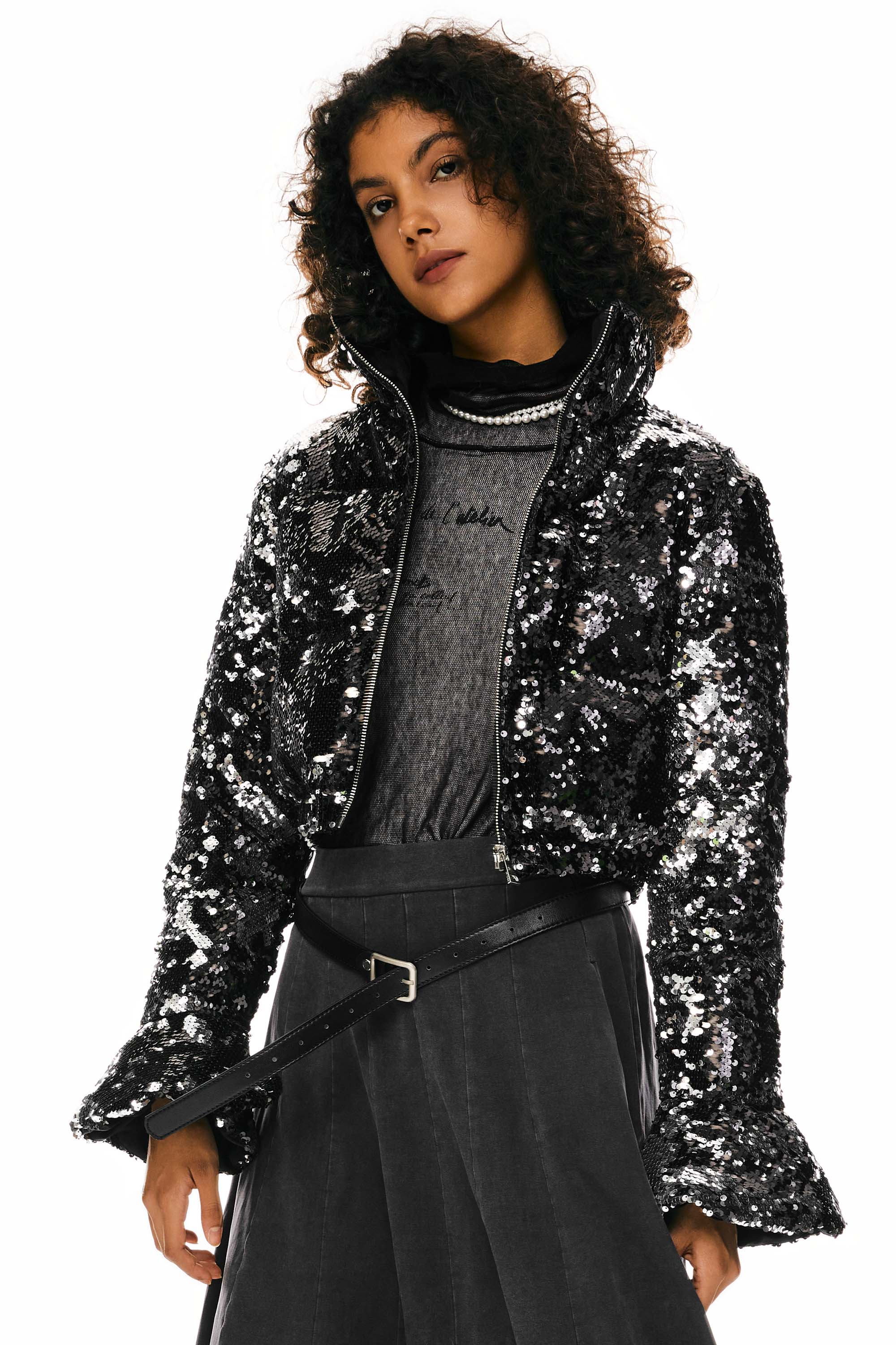 Orolay-Sequin Fashion Petite Jacket with Stand Collar-Image 2 of Sequin Fashion Petite Jacket with Stand Collar from Orolay - #color_Black crystal