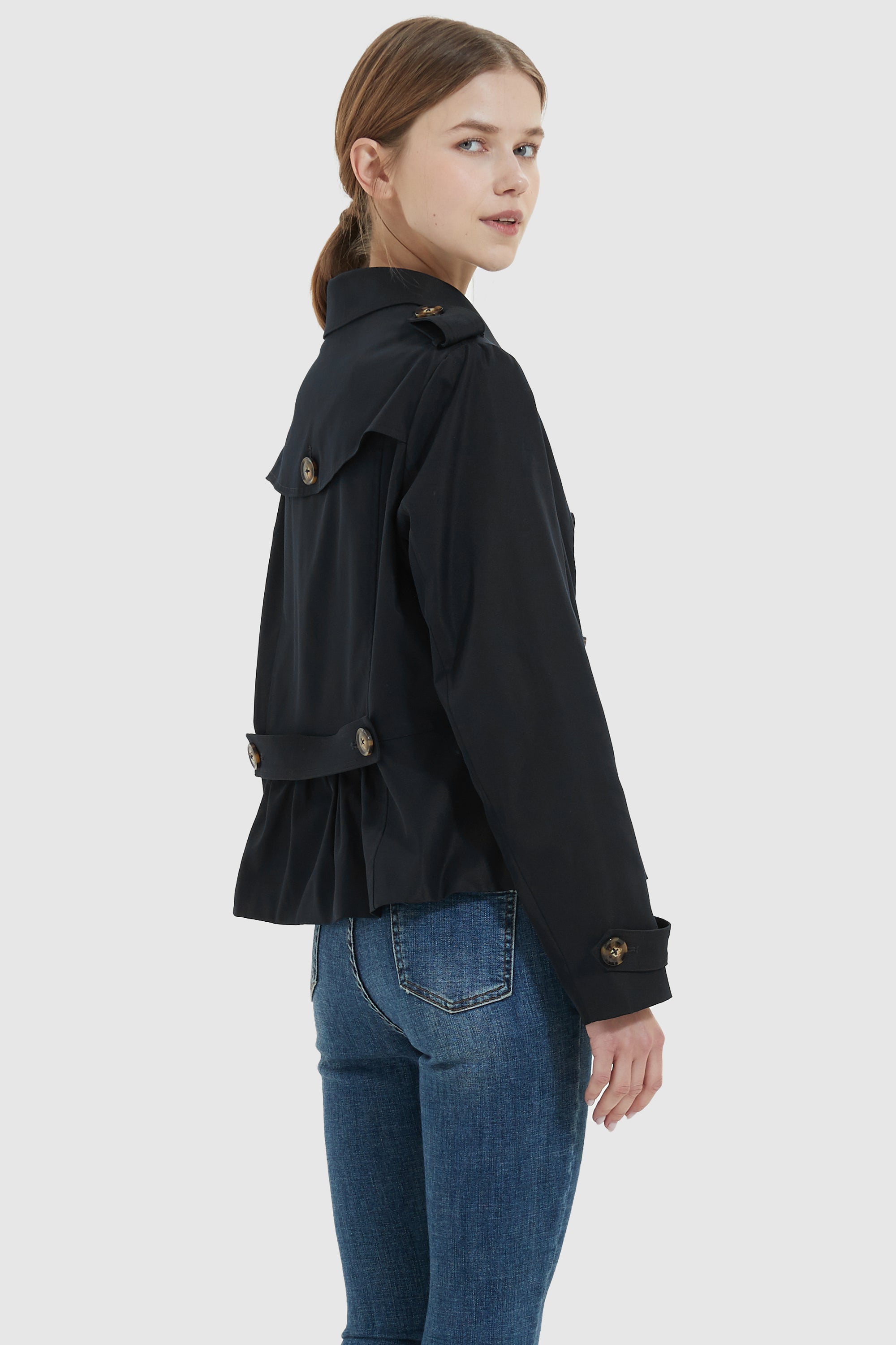 Orolay-Short Double Breasted Trench Coat-#color_Black