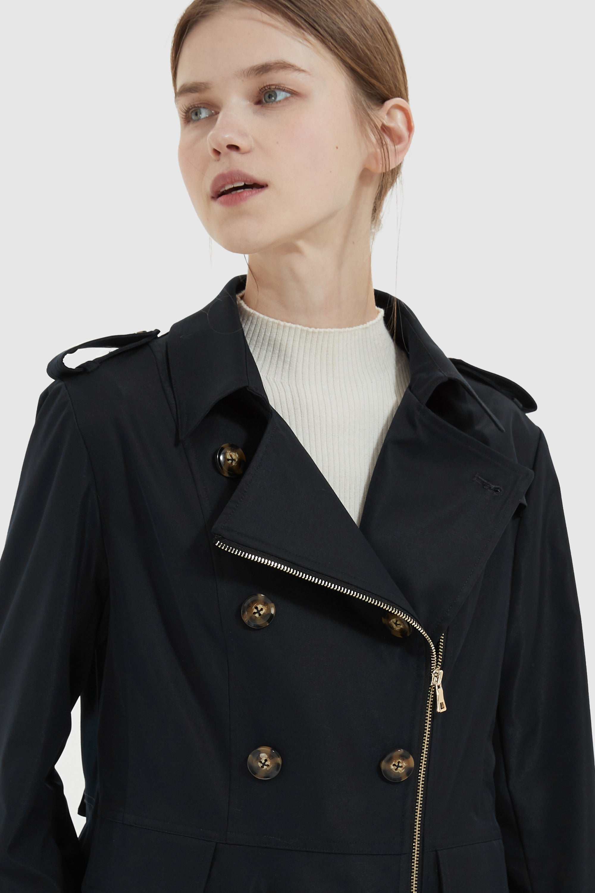 Orolay-Short Double Breasted Trench Coat-#color_Black