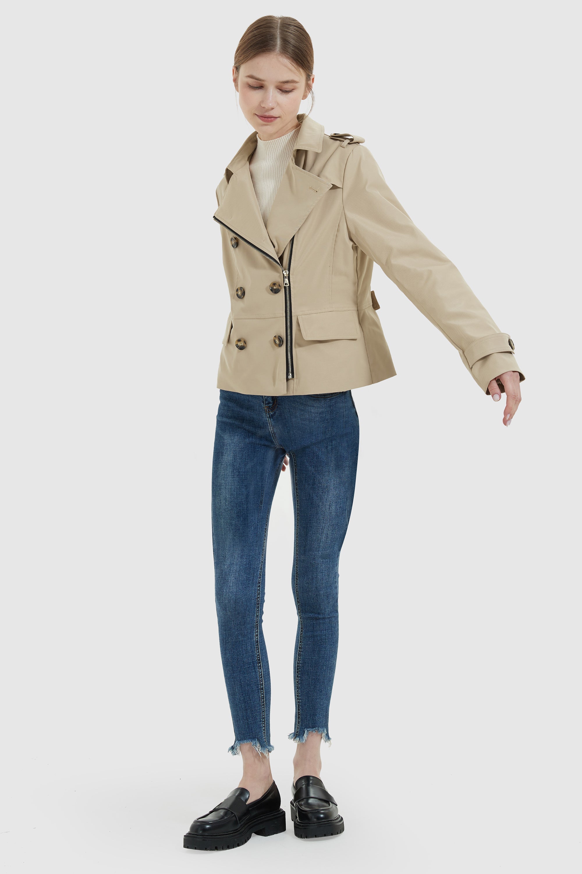 Orolay-Short Double Breasted Trench Coat-#color_Frosted Almond