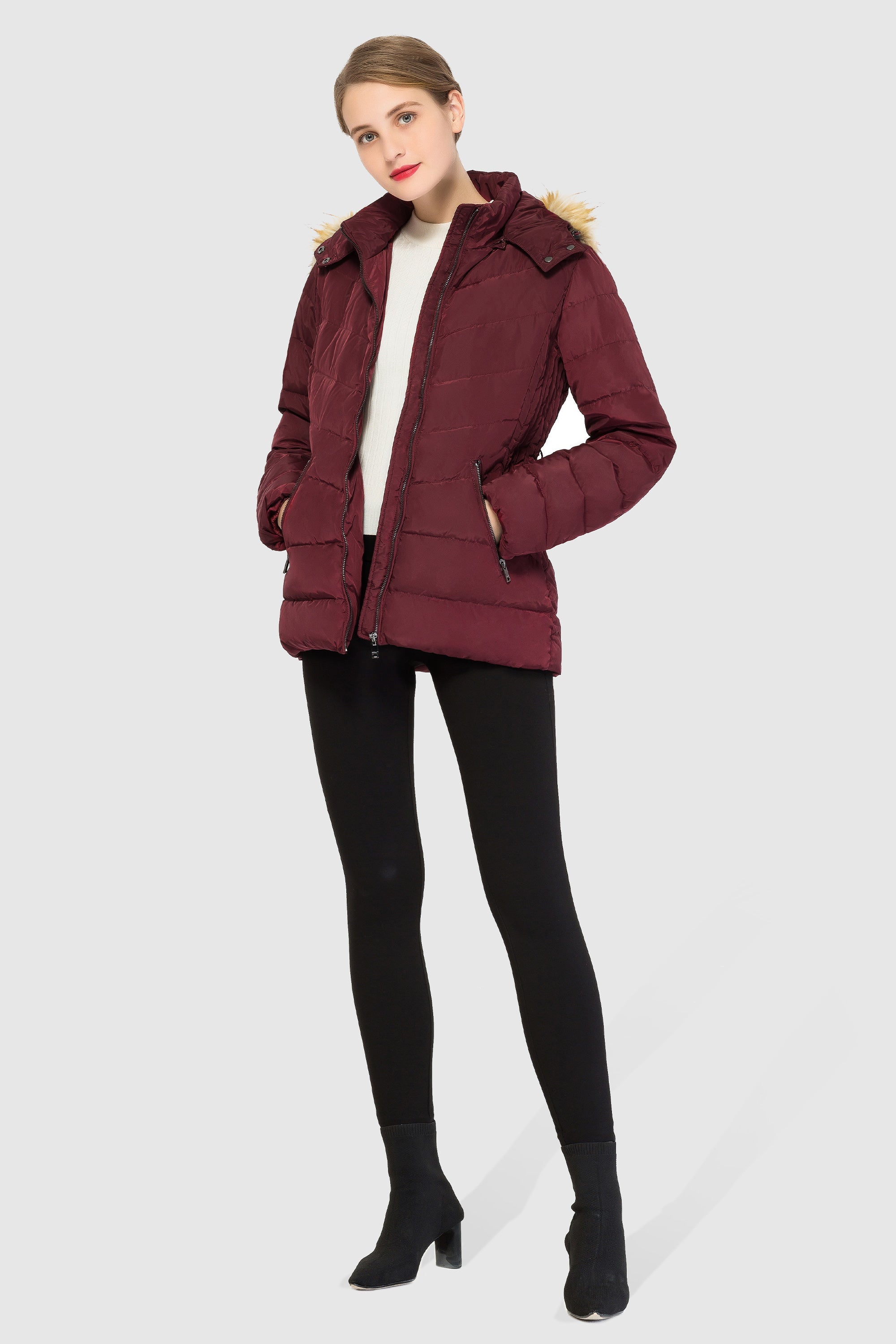 Orolay-Short Down Coat with Removable Elastic Belt-#color_Syrah