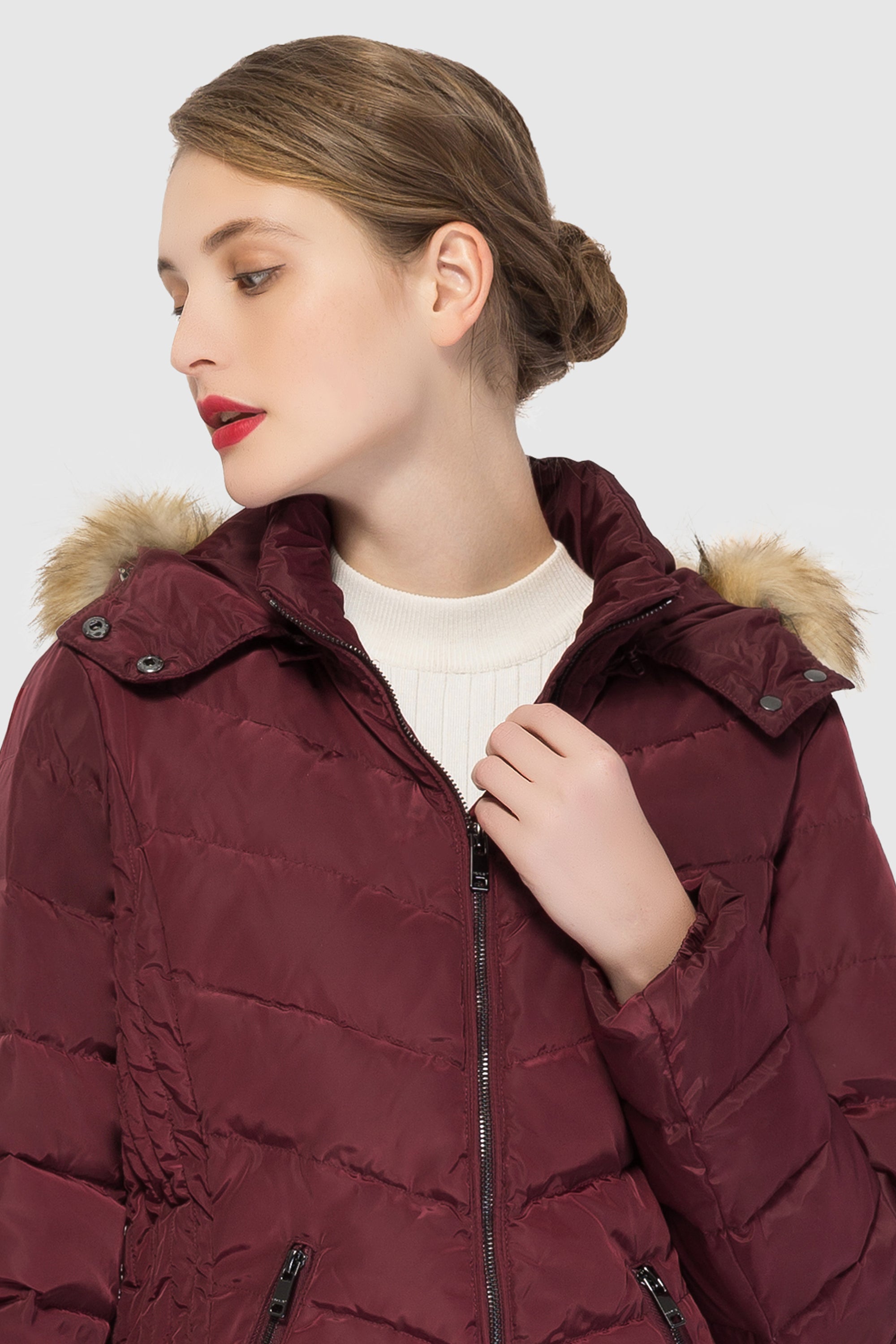 Orolay-Short Down Coat with Removable Elastic Belt-#color_Syrah