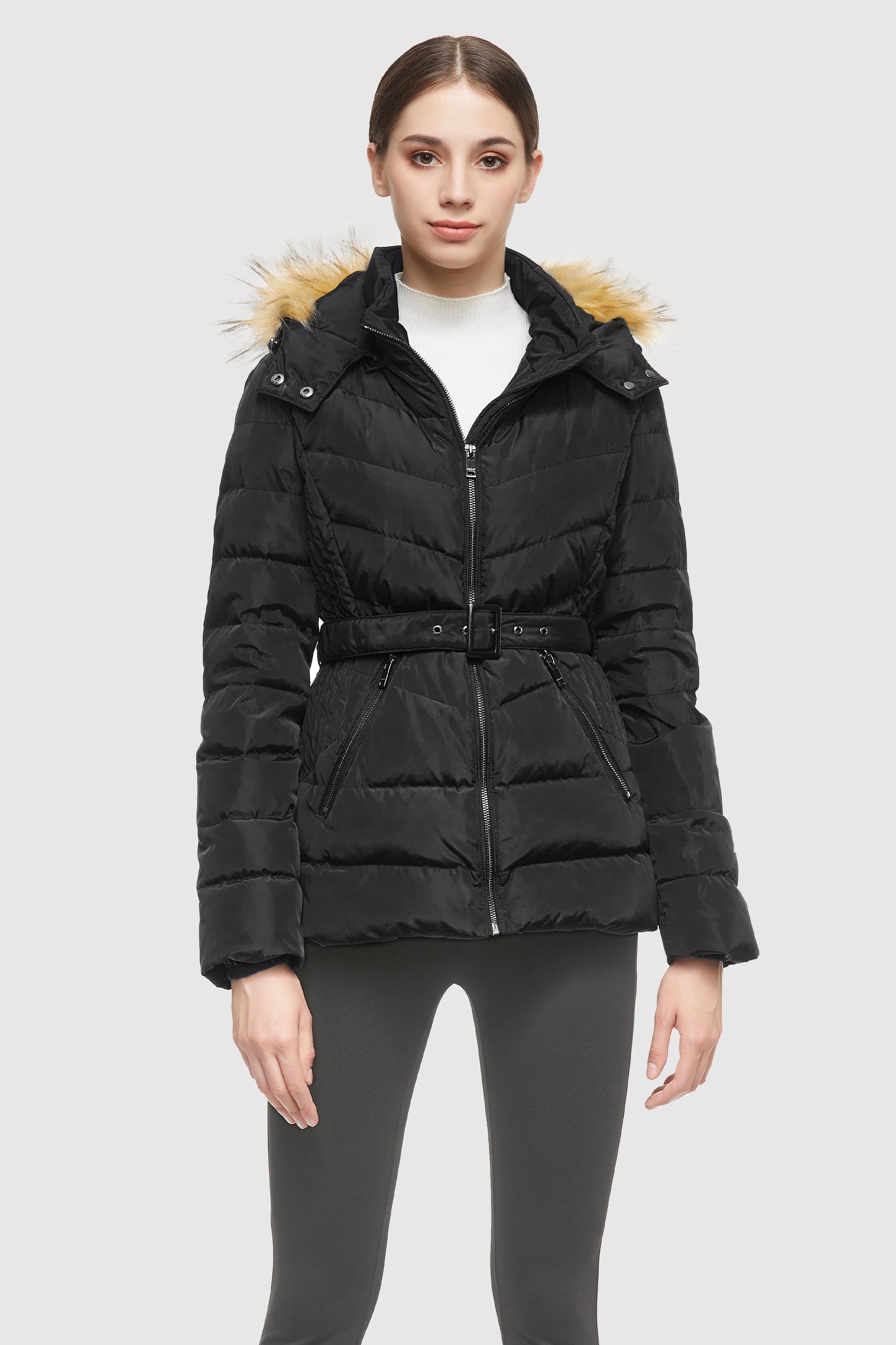 Orolay-Short Down Coat with Removable Elastic Belt-#color_Black