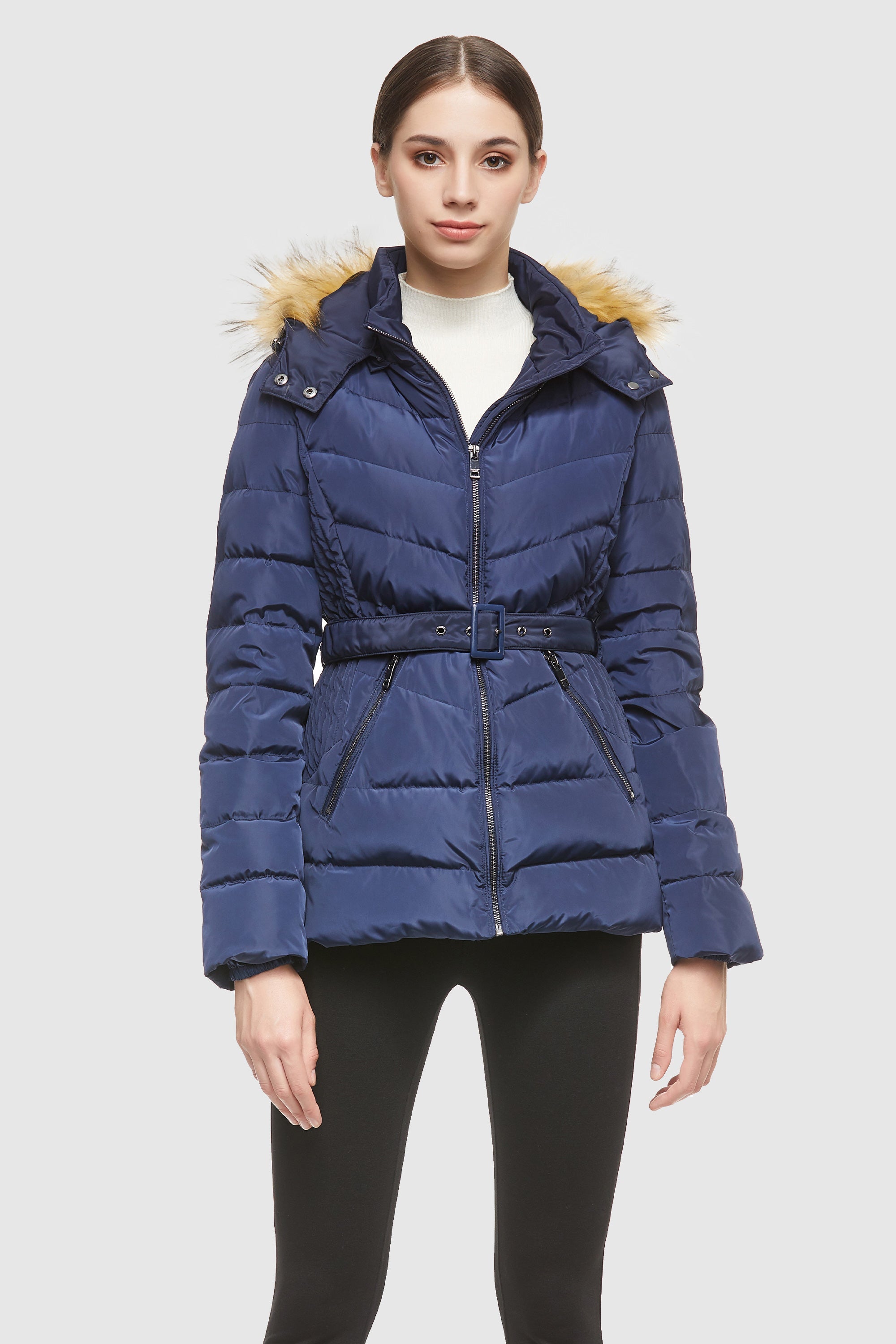 Orolay-Short Down Coat with Removable Elastic Belt-#color_Blueprint