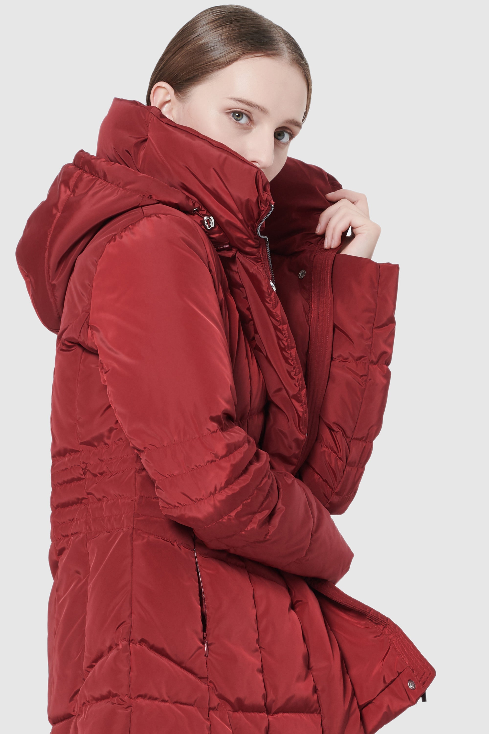 Orolay-Short Down Coat with Removable Hood-#color_Red Dahlia