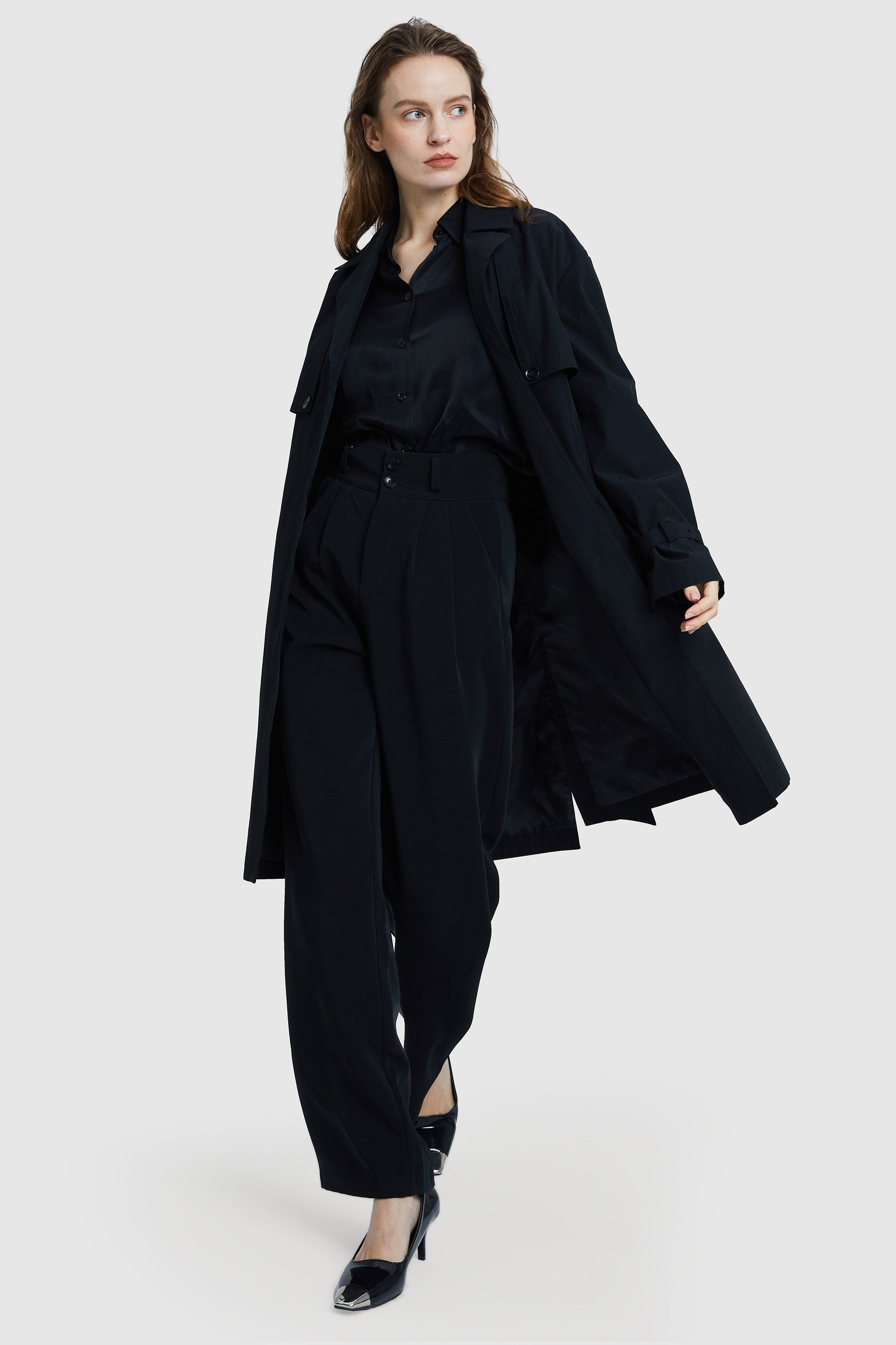 Orolay-Single-Breasted Belted Trench-#color_Black