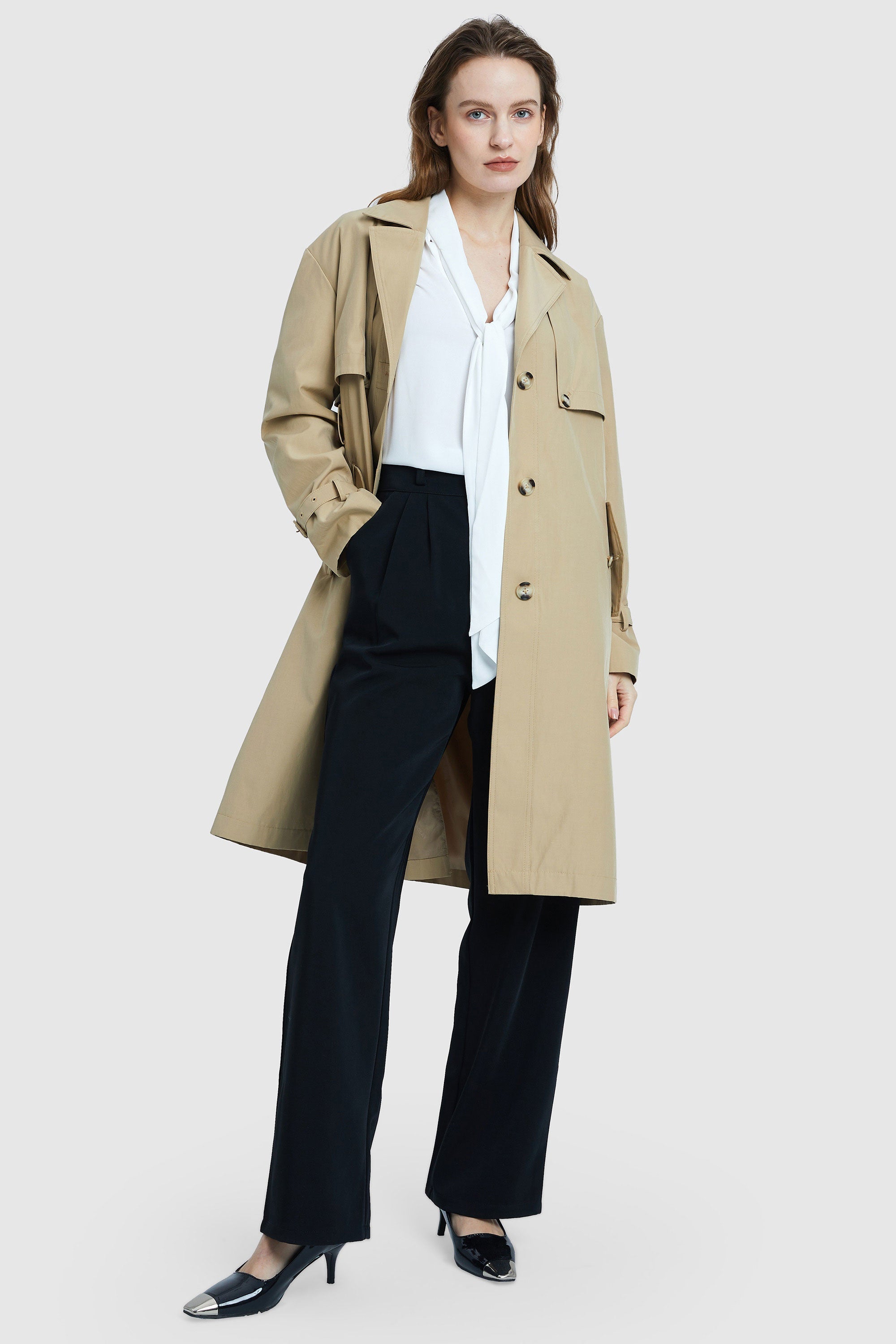 Orolay-Single-Breasted Belted Trench-#color_Frosted Almond