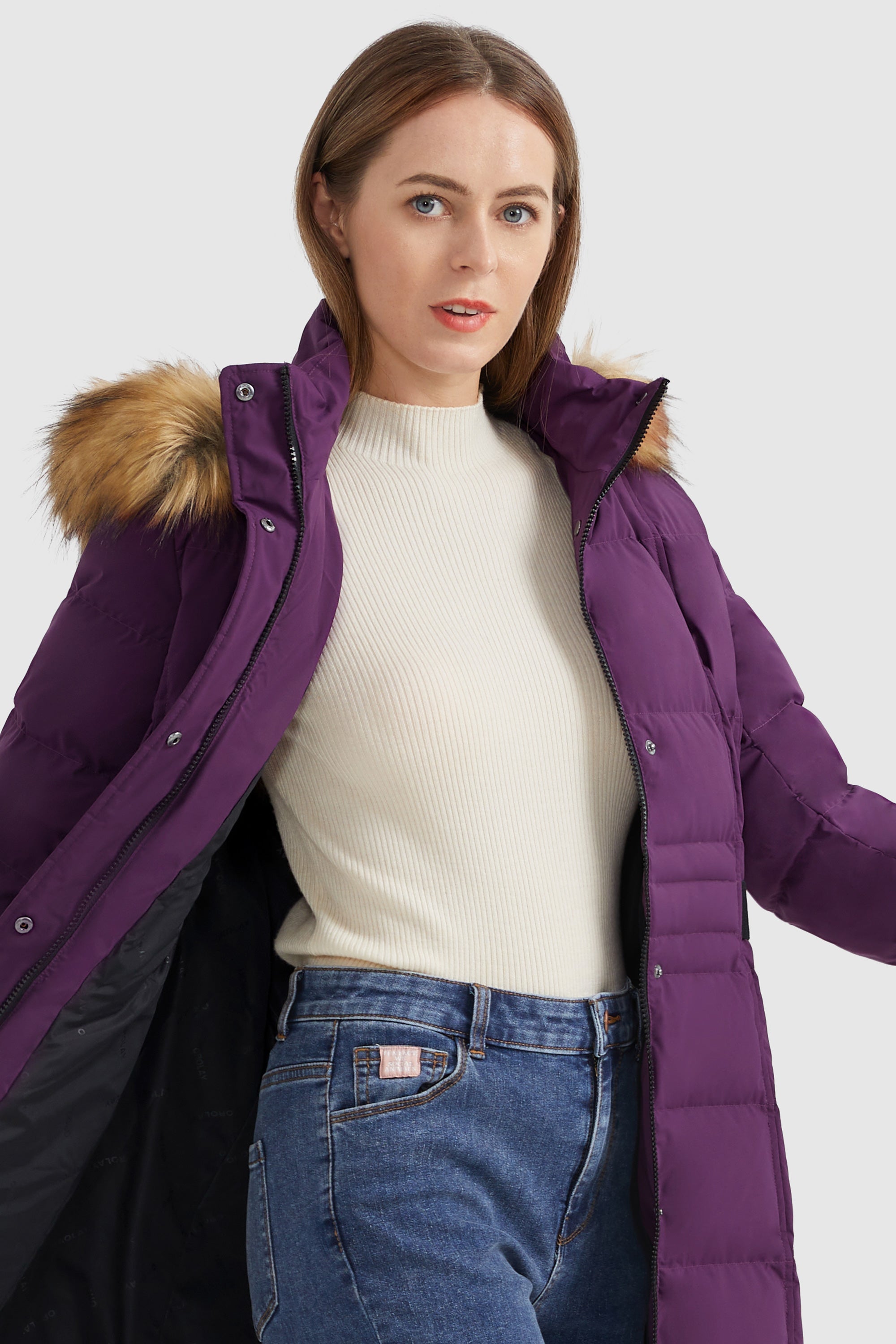 Orolay-Solid Faux Fur Trim Hood Puffer Down Coat-#color_Charisma