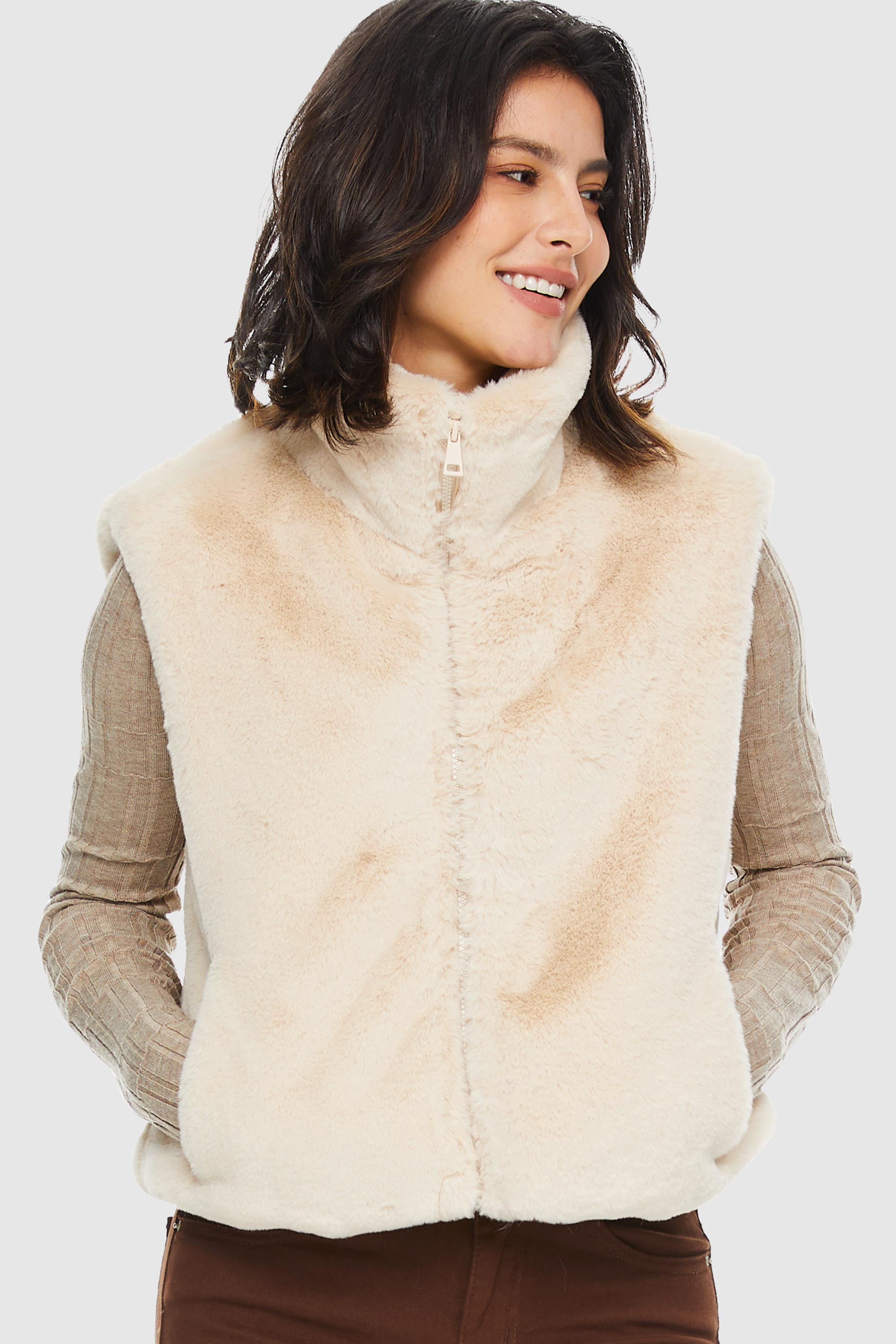 Orolay-Solid Zip Up Faux Fur Vest Coat-#color_Summer Melon