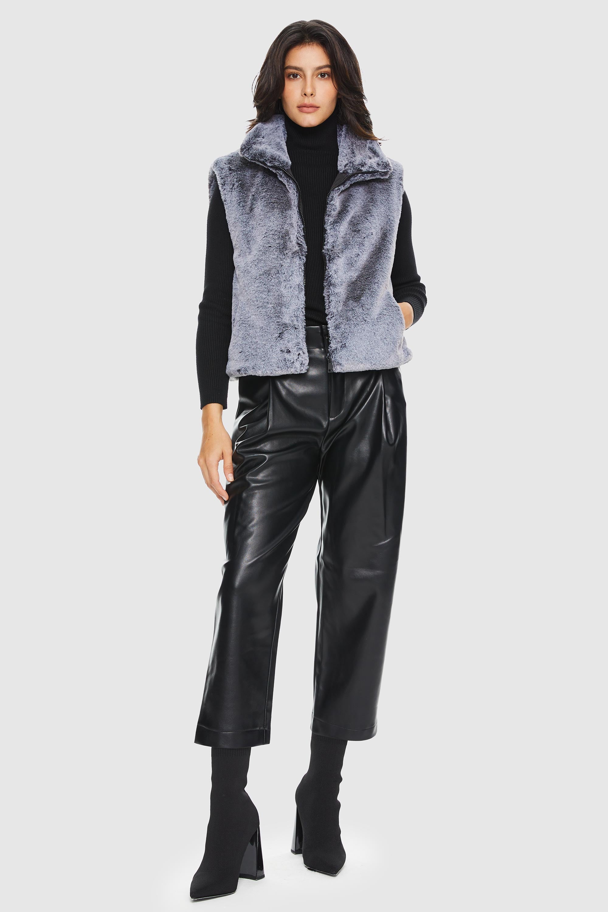 Orolay-Solid Zip Up Faux Fur Vest Coat-#color_Eventide