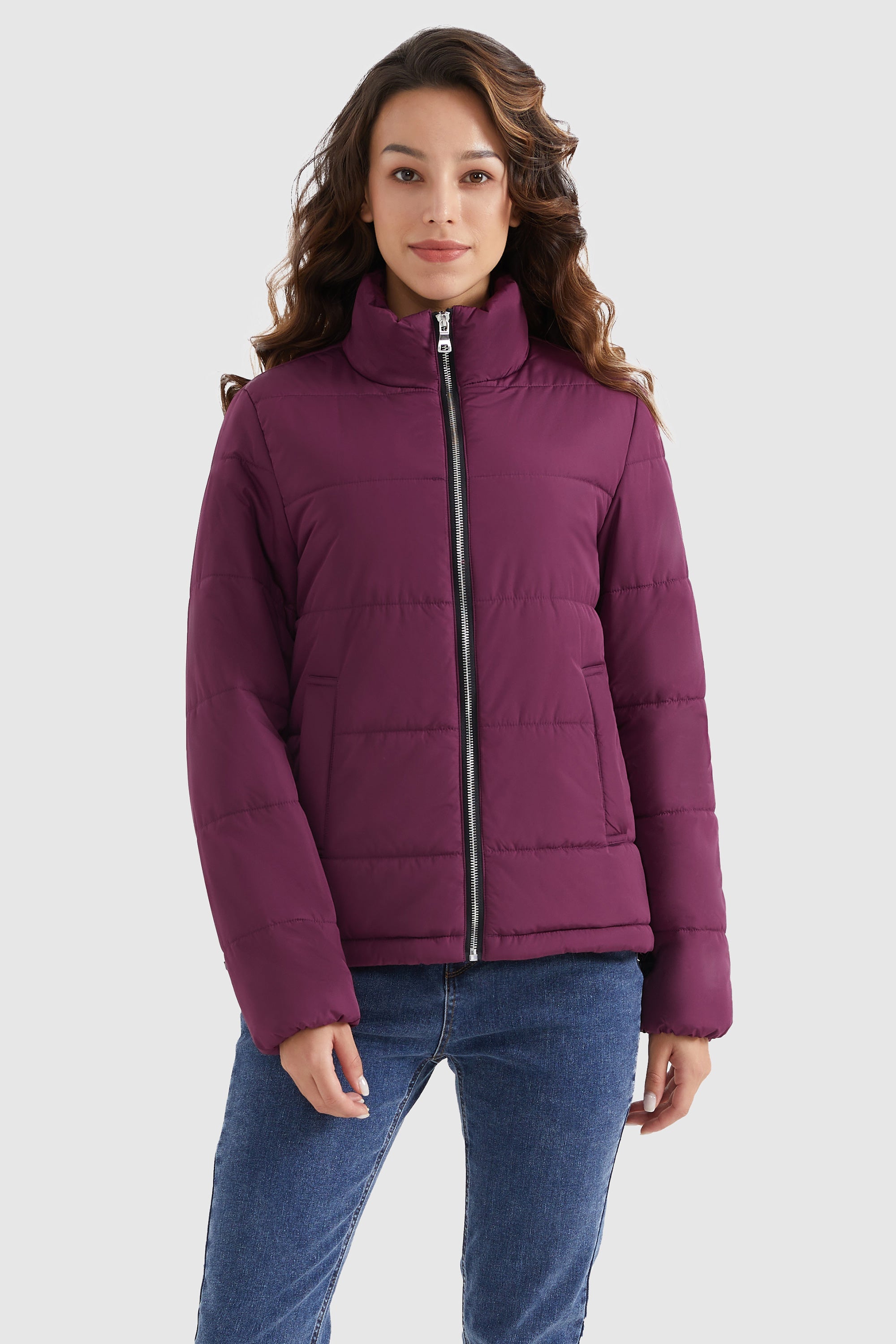 Orolay-Solid Zip Up Lightweight Puffer Coat-#color_Magenta Purple