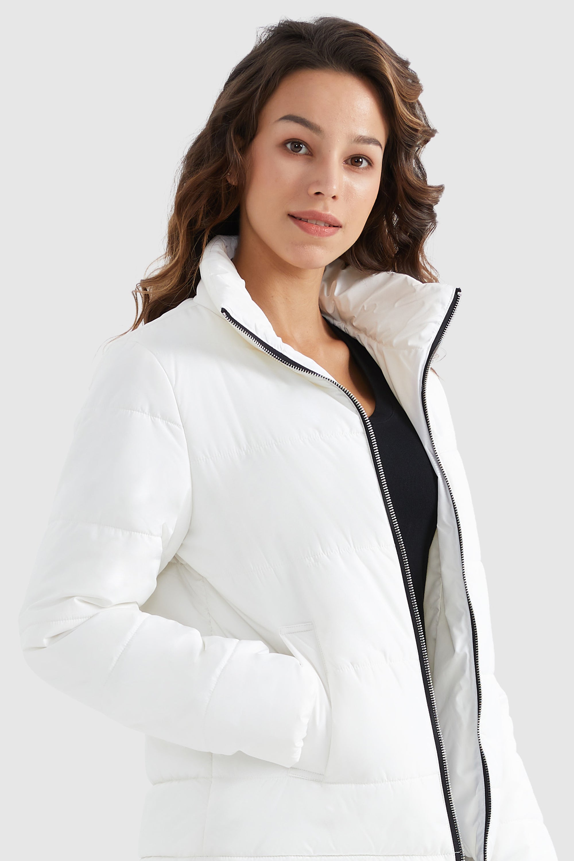 Orolay-Solid Zip Up Lightweight Puffer Coat-#color_White