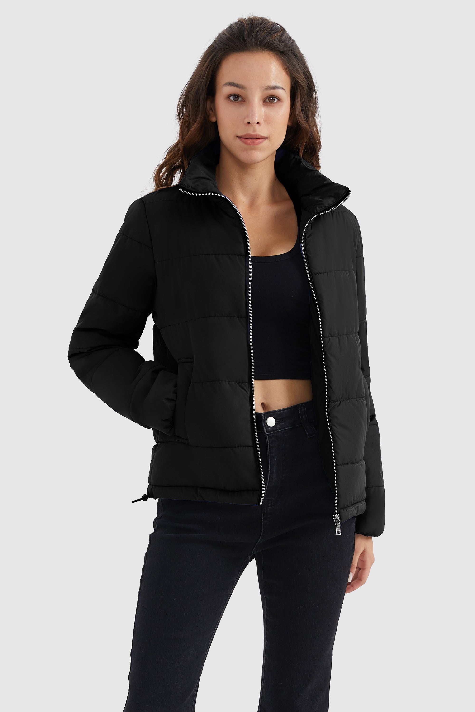 Orolay-Solid Zip Up Lightweight Puffer Coat-#color_Black