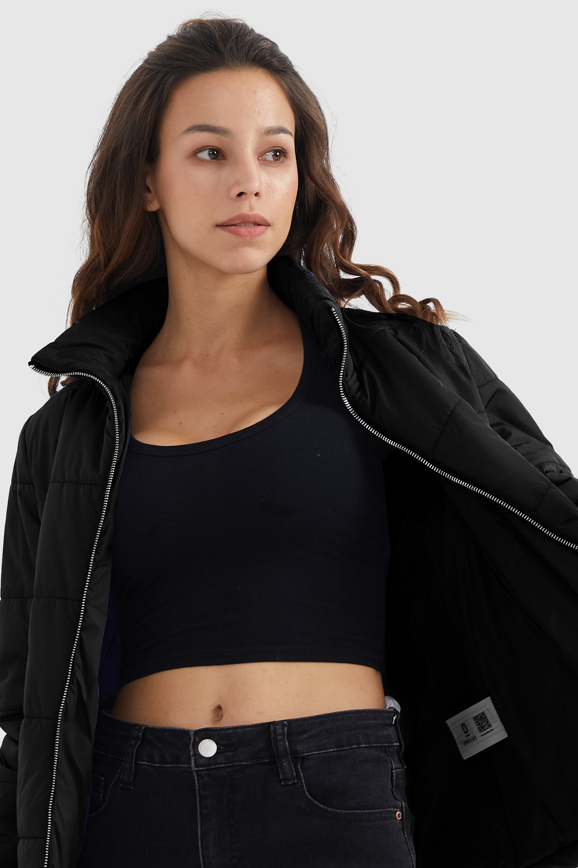 Orolay-Solid Zip Up Lightweight Puffer Coat-#color_Black