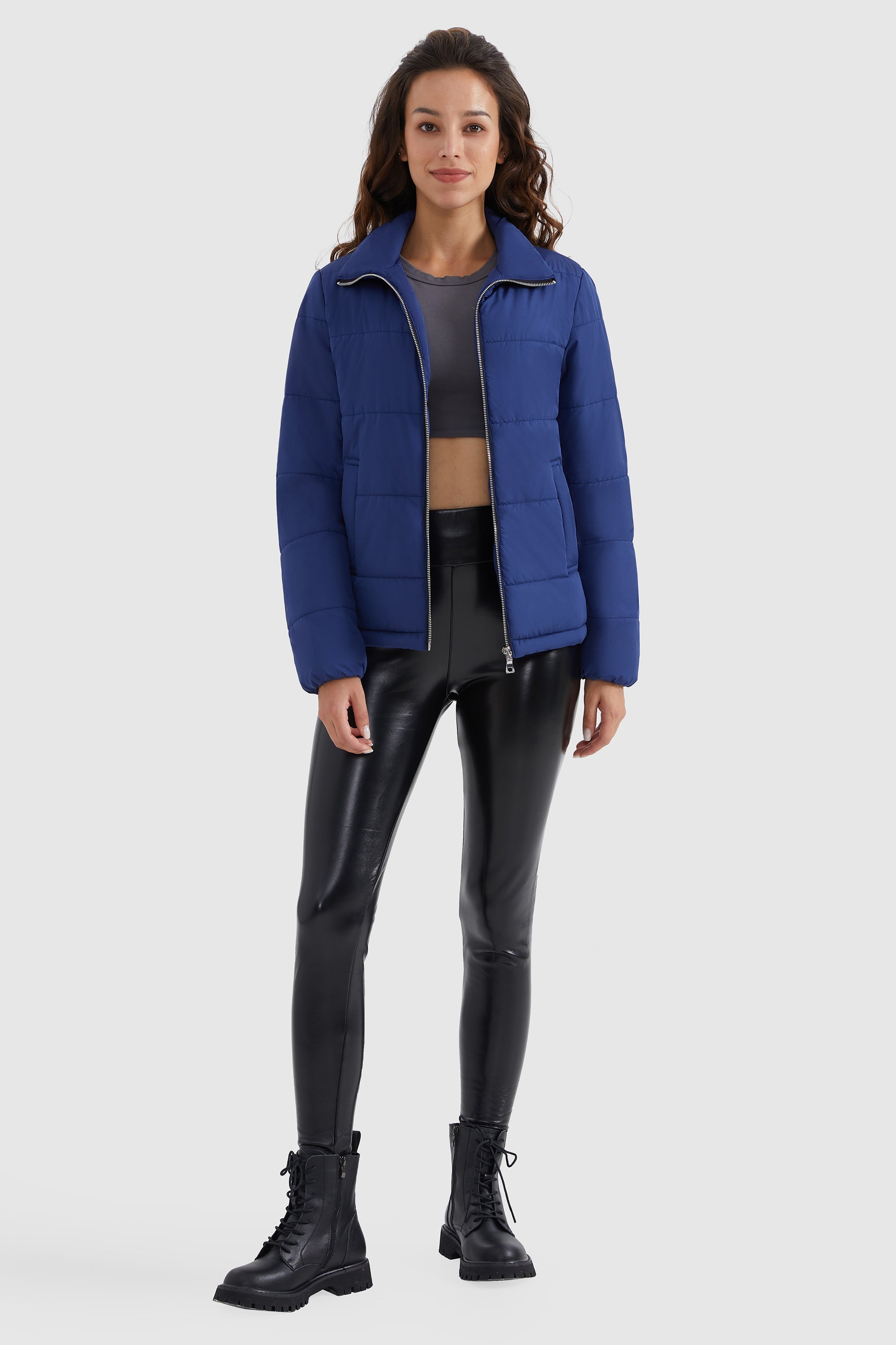 Orolay-Solid Zip Up Lightweight Puffer Coat-#color_True Blue