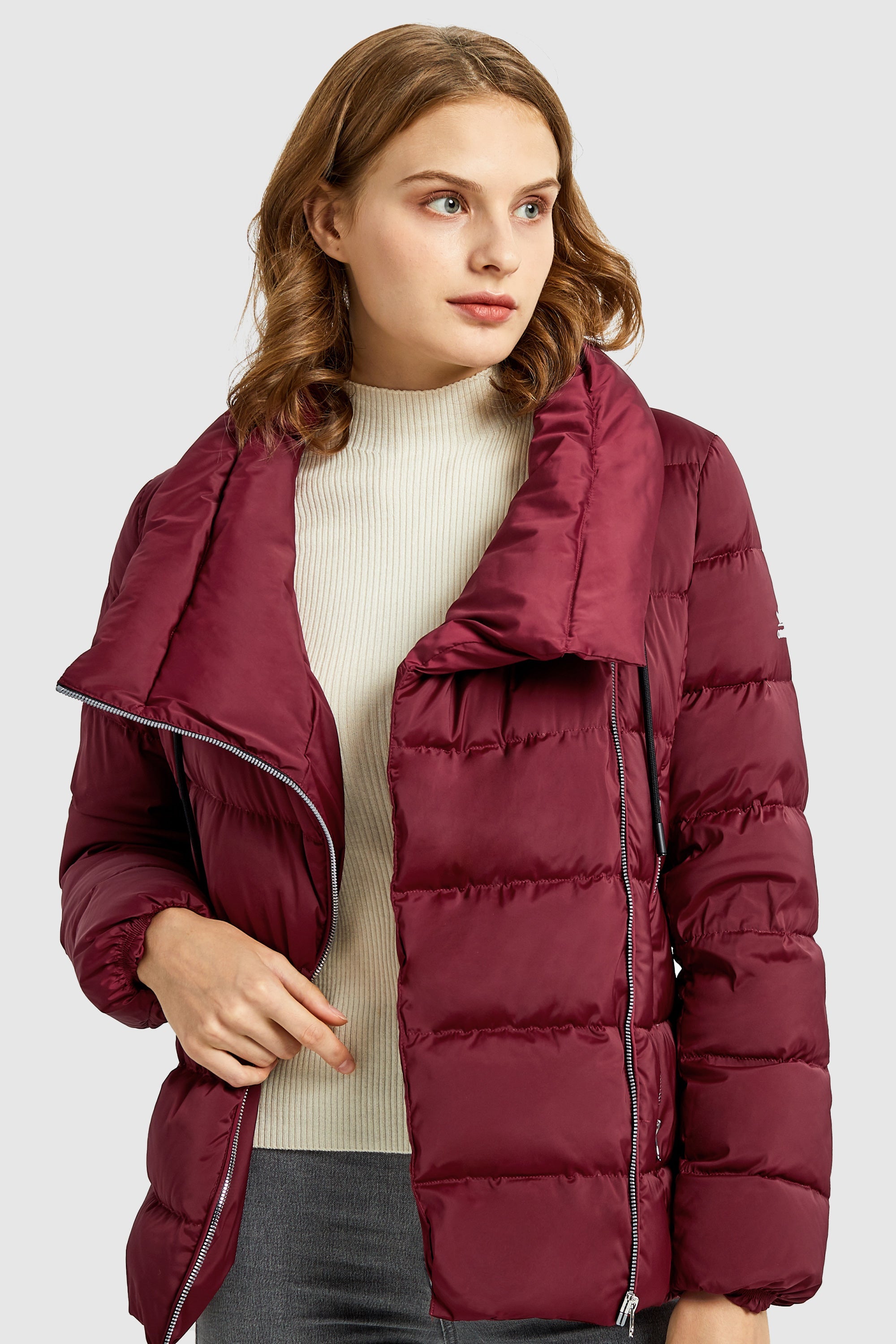 Orolay-Stand Collar Oblique Placket Puffer Coat-#color_Red Dahlia