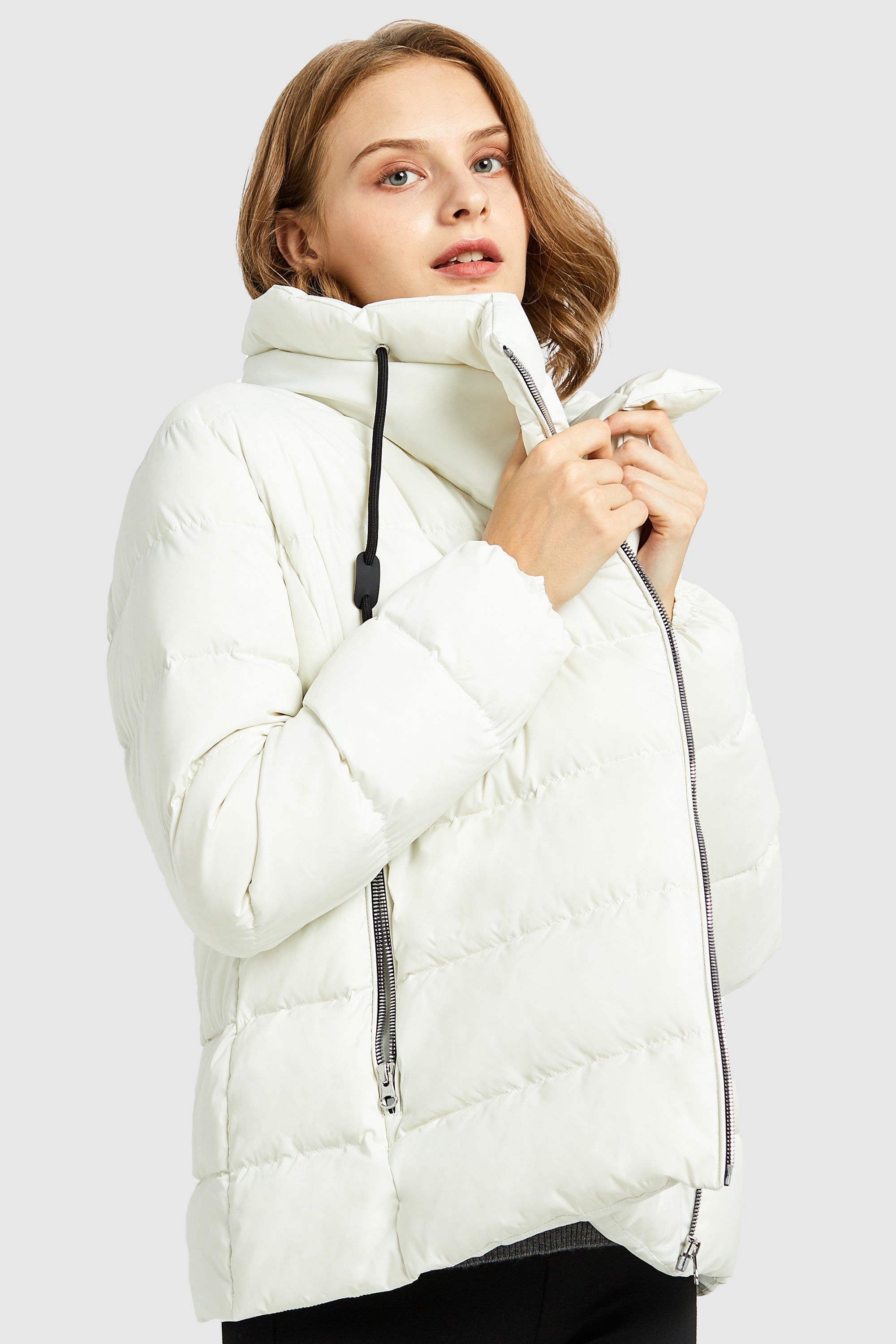 Orolay-Stand Collar Oblique Placket Puffer Coat-#color_White