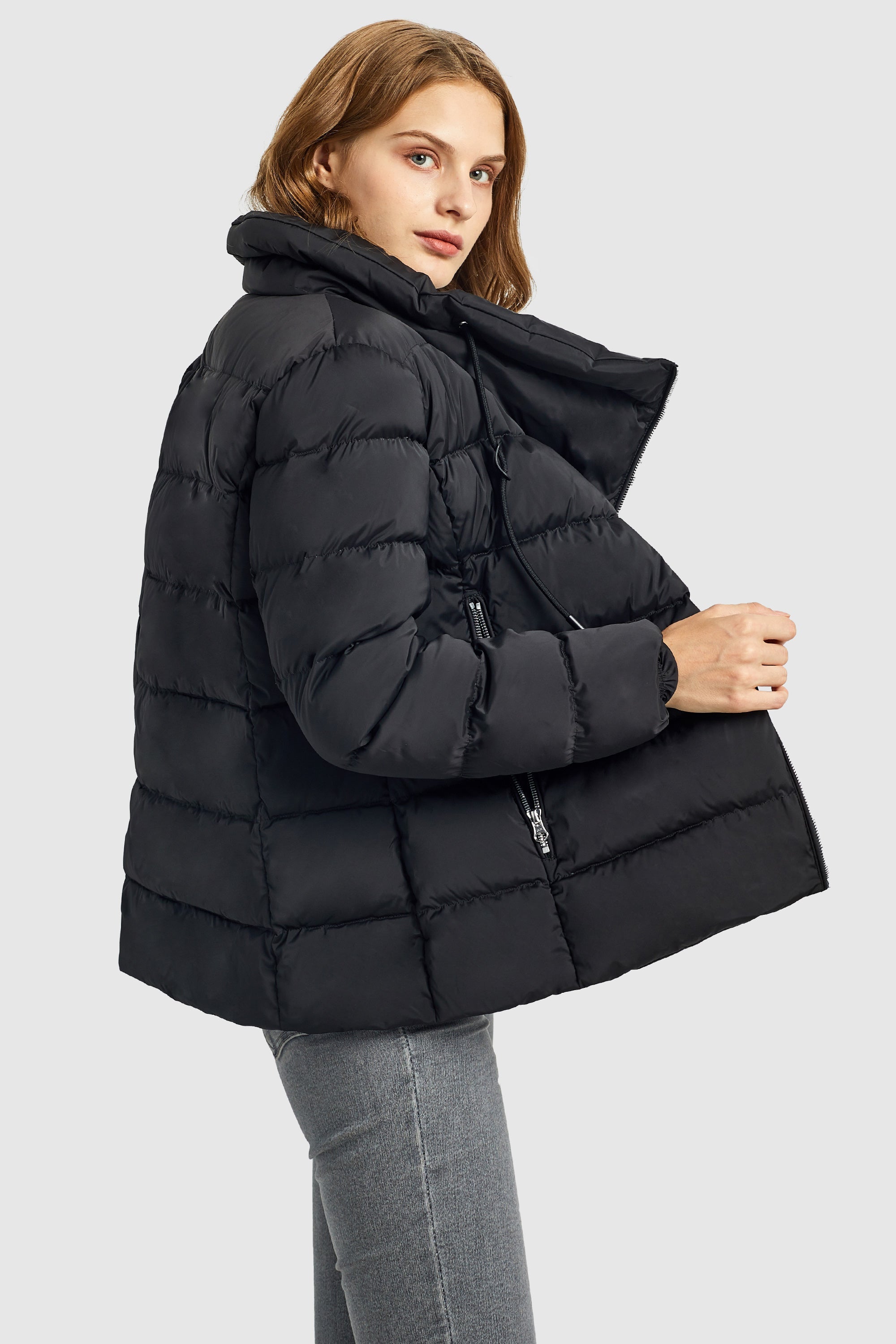 Orolay-Stand Collar Oblique Placket Puffer Coat-#color_Black