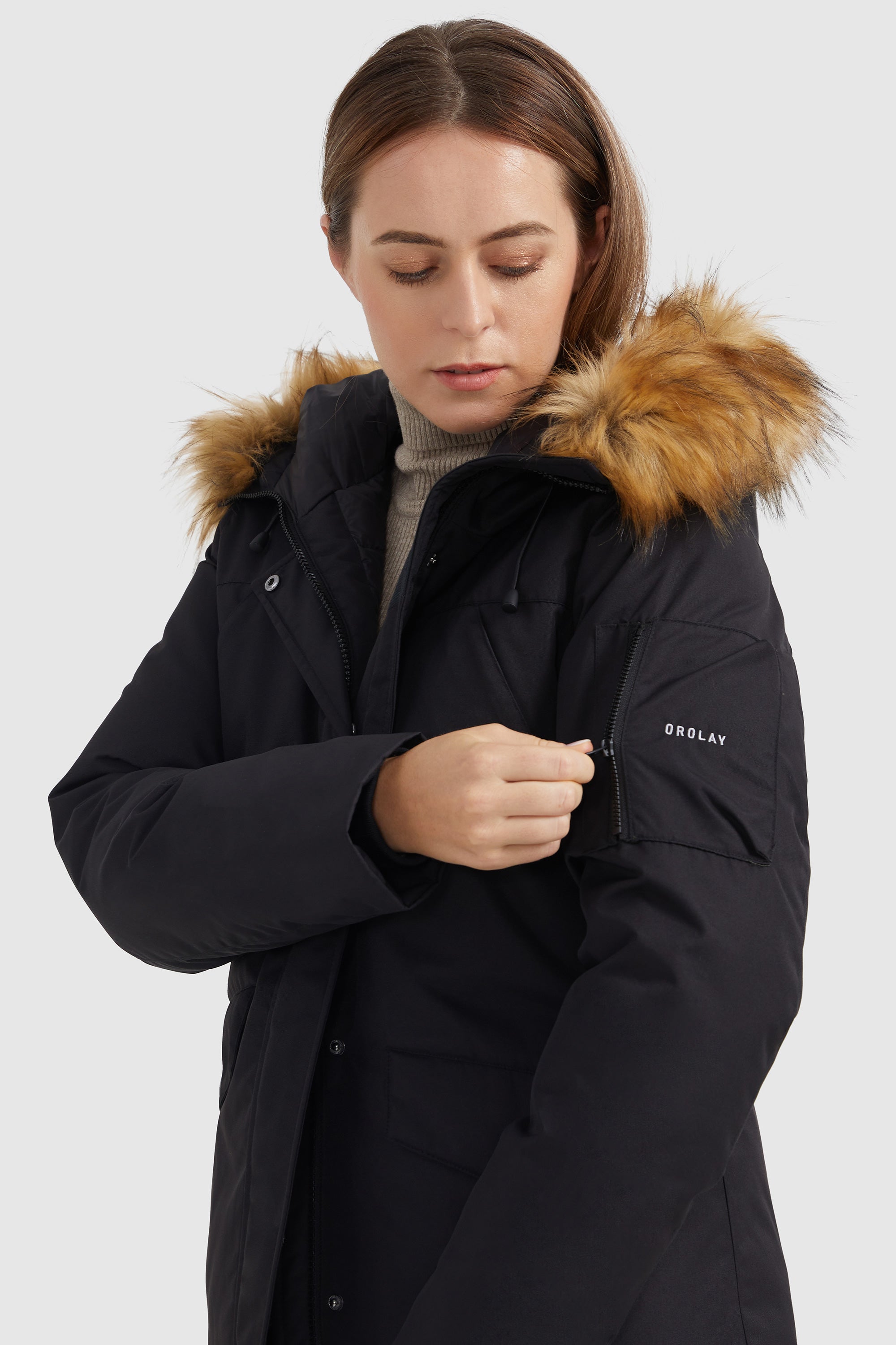 Orolay-Thickened Down Coat with Faux Fur Trim Hood-#color_Black