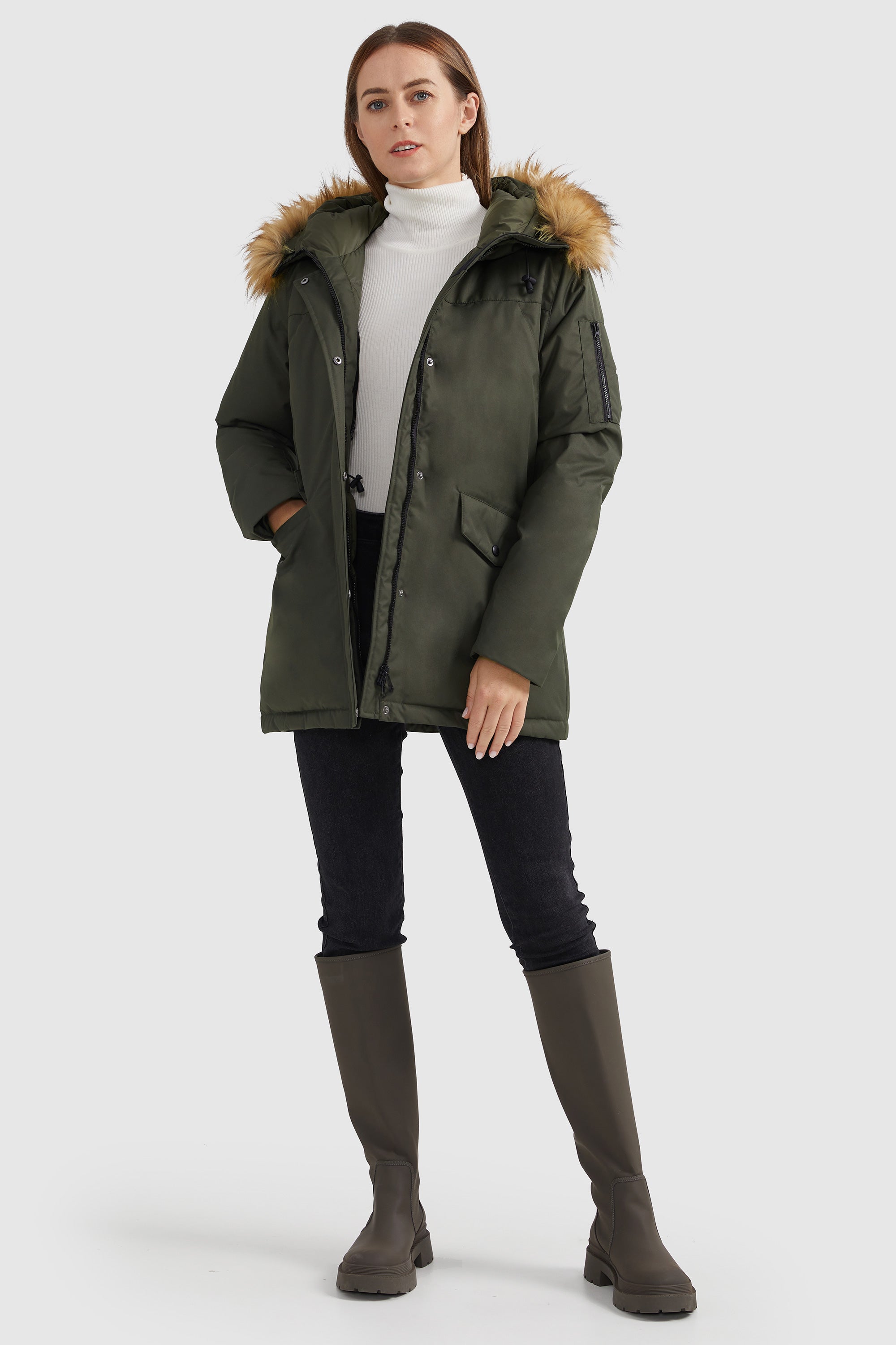 Orolay-Thickened Down Coat with Faux Fur Trim Hood-#color_Sea Turtle