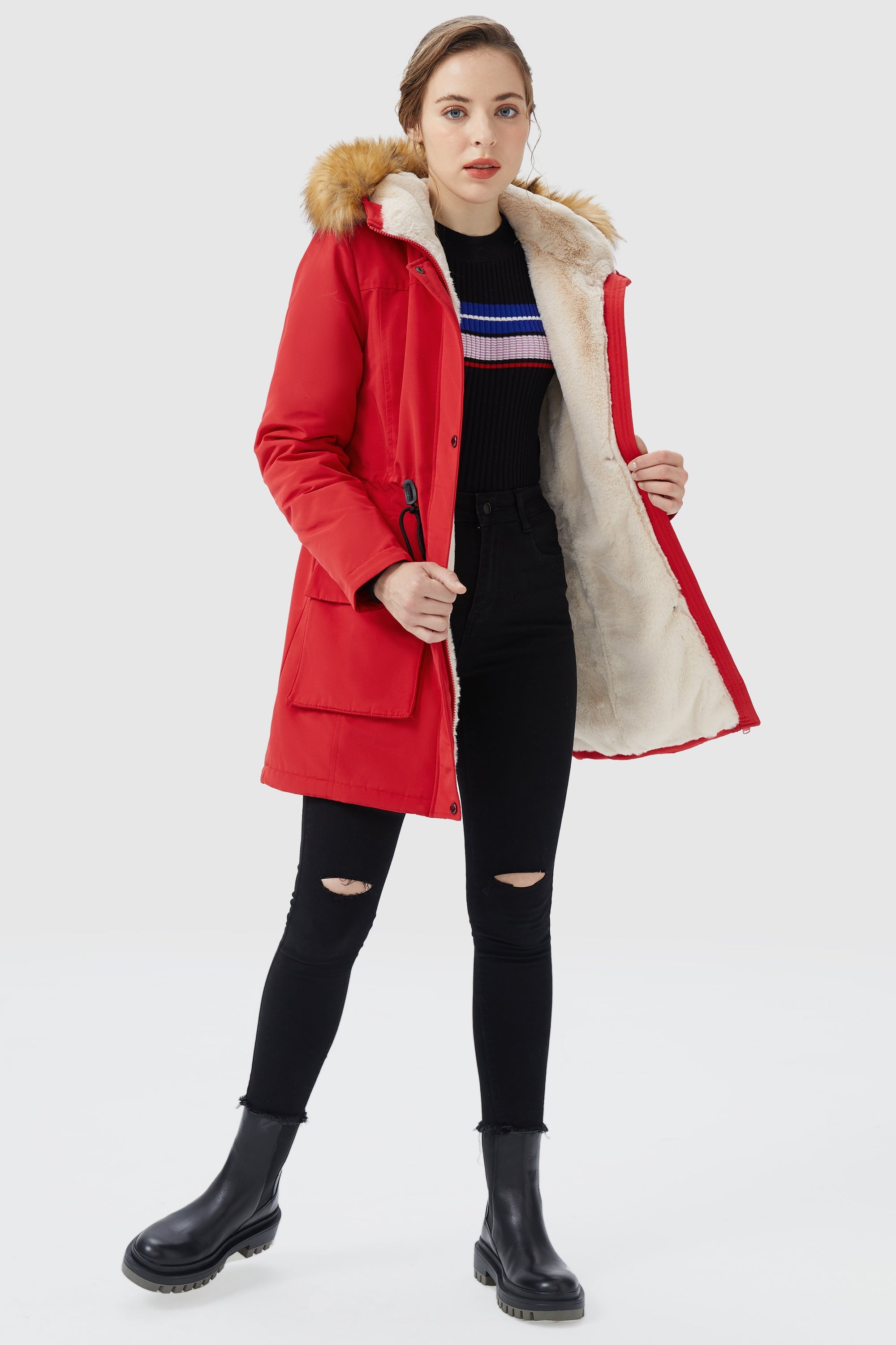 Orolay-Thickened Fleece Lined Parka-#color_Racing Red