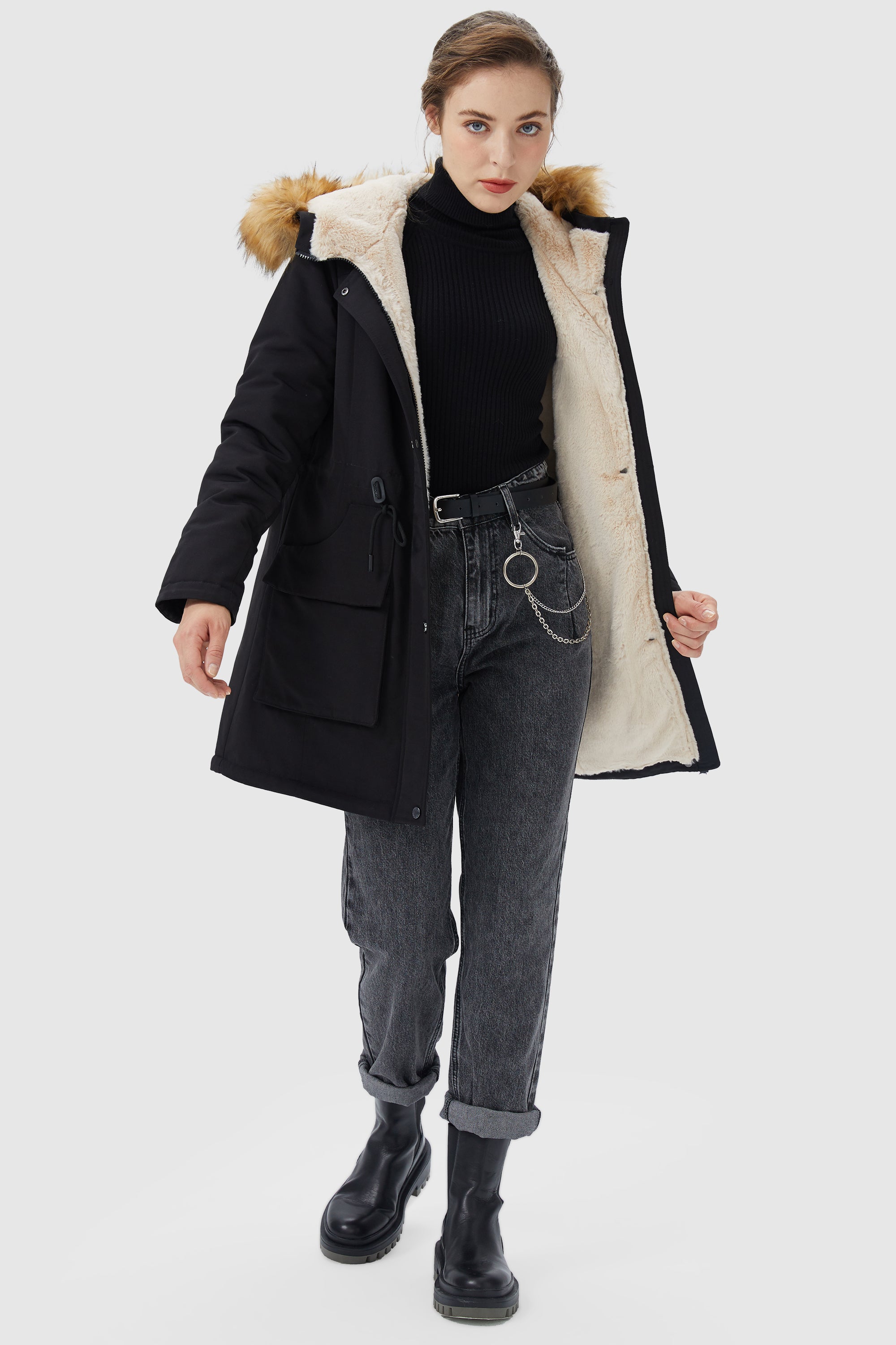 Orolay-Thickened Fleece Lined Parka-#color_Black